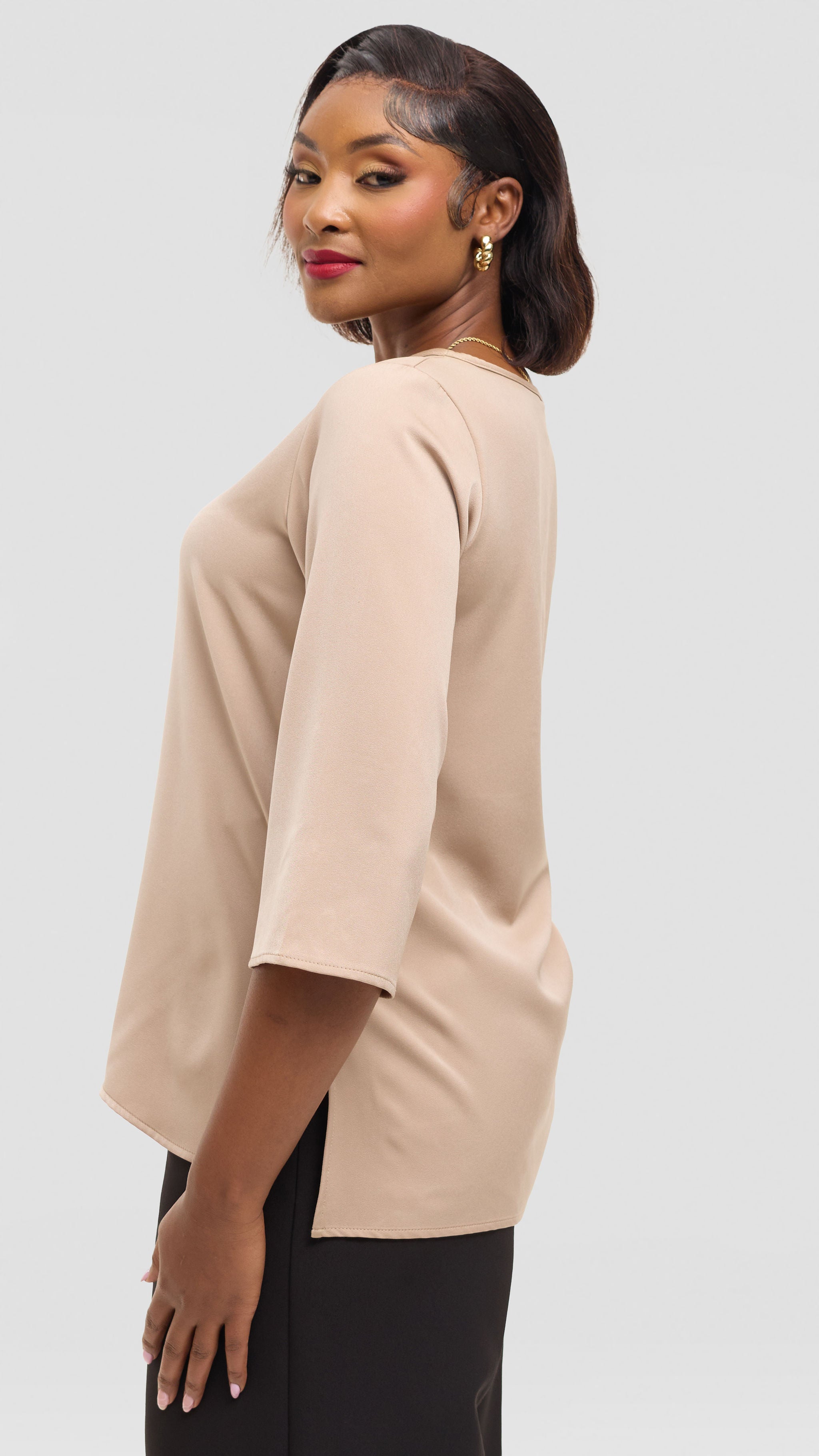 Vivo 3/4 Sleeve Side Slit Top in Satin - Beige