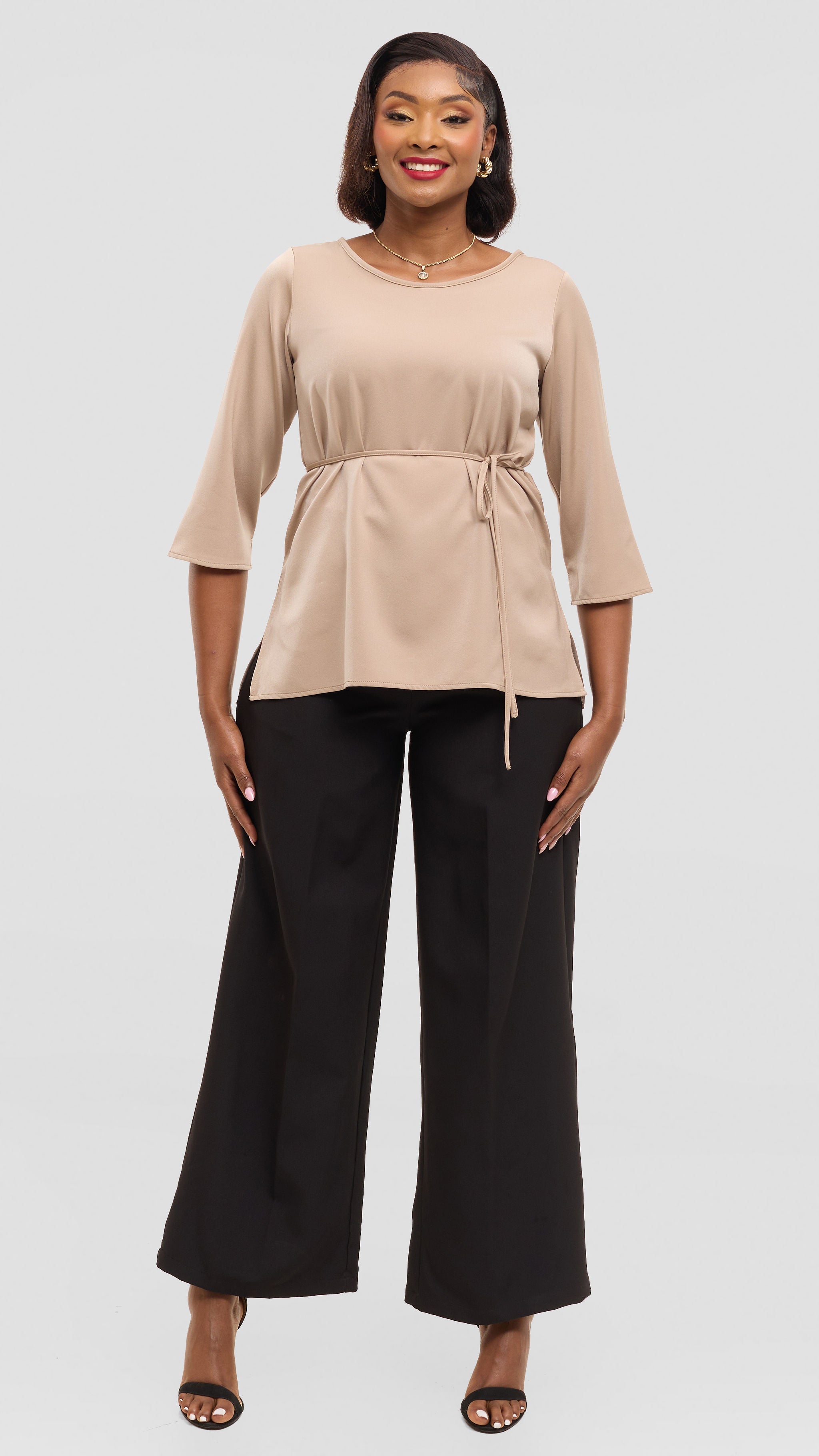 Vivo 3/4 Sleeve Side Slit Top in Satin - Beige