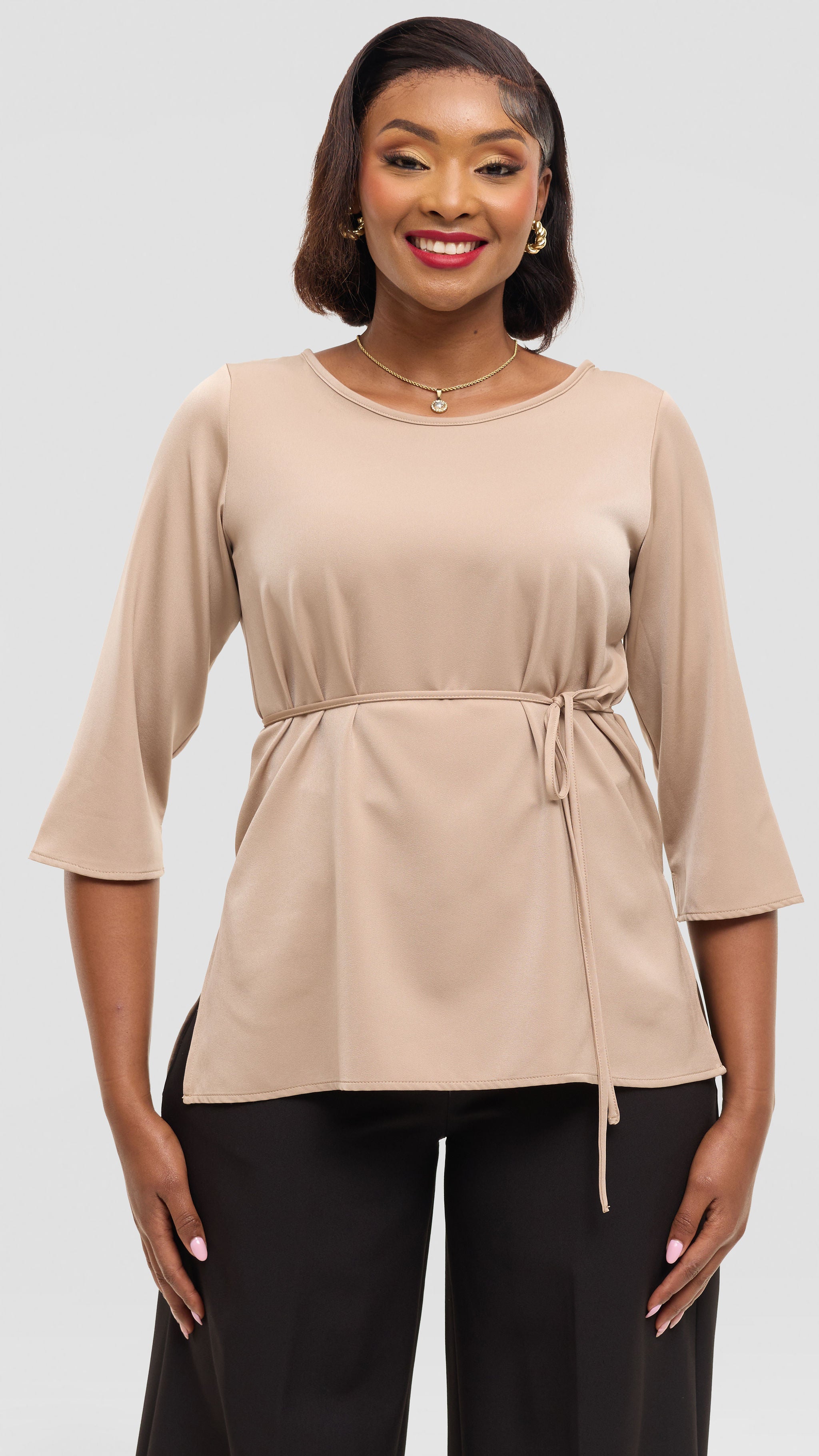 Vivo 3/4 Sleeve Side Slit Top in Satin - Beige
