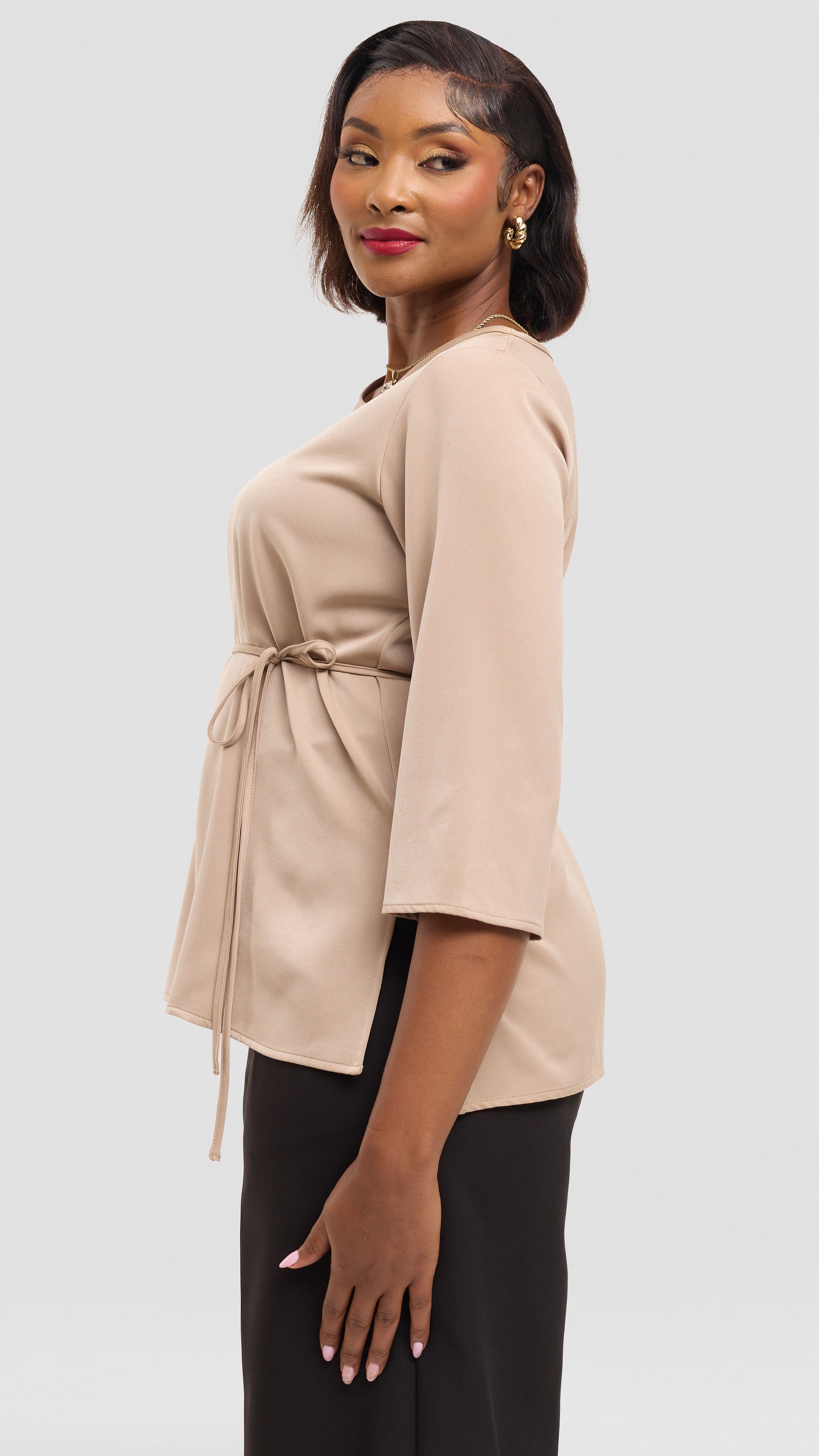 Vivo 3/4 Sleeve Side Slit Top in Satin - Beige