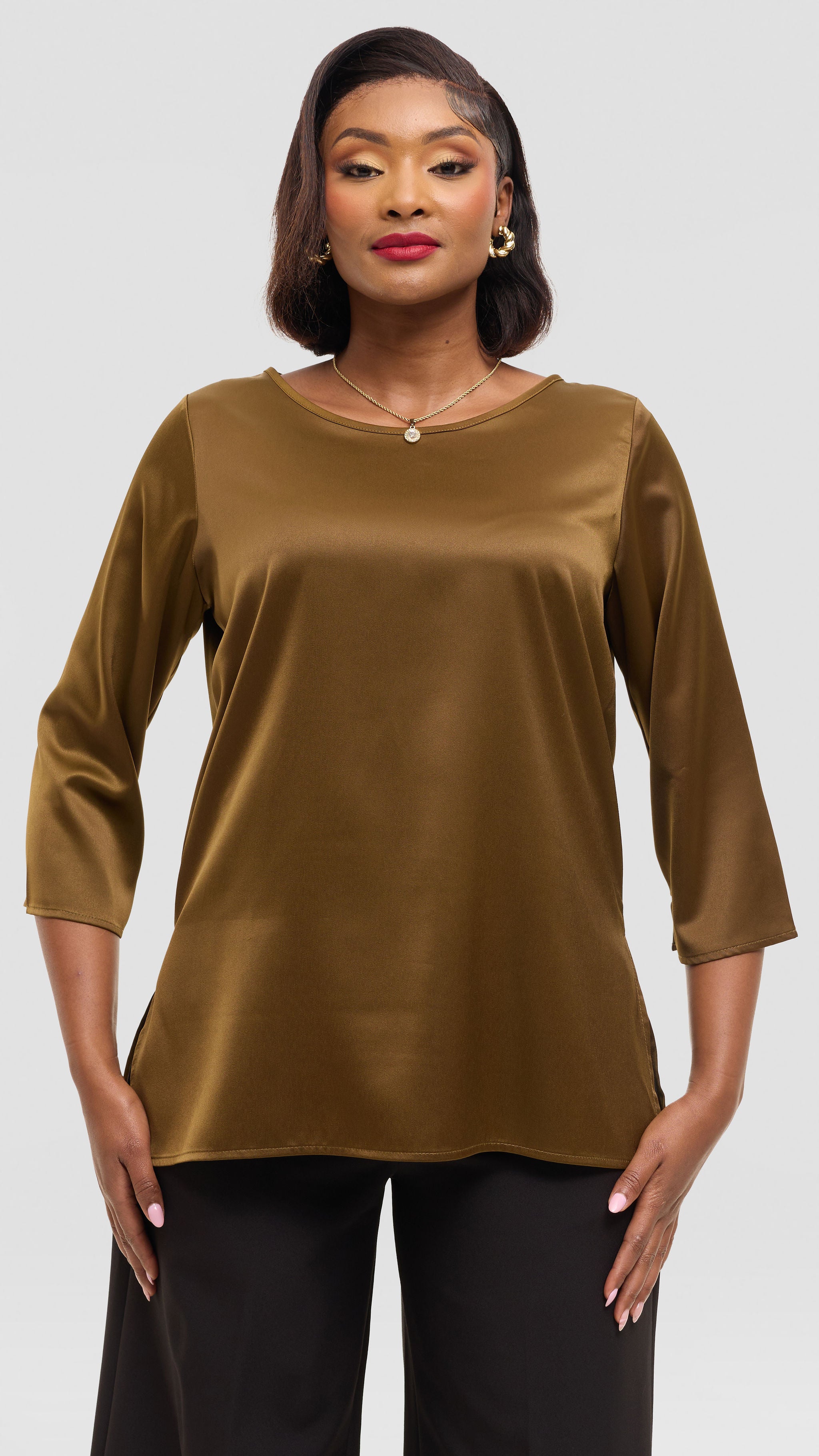 Vivo 3/4 Sleeve Side Slit Top in Satin - Dark Olive