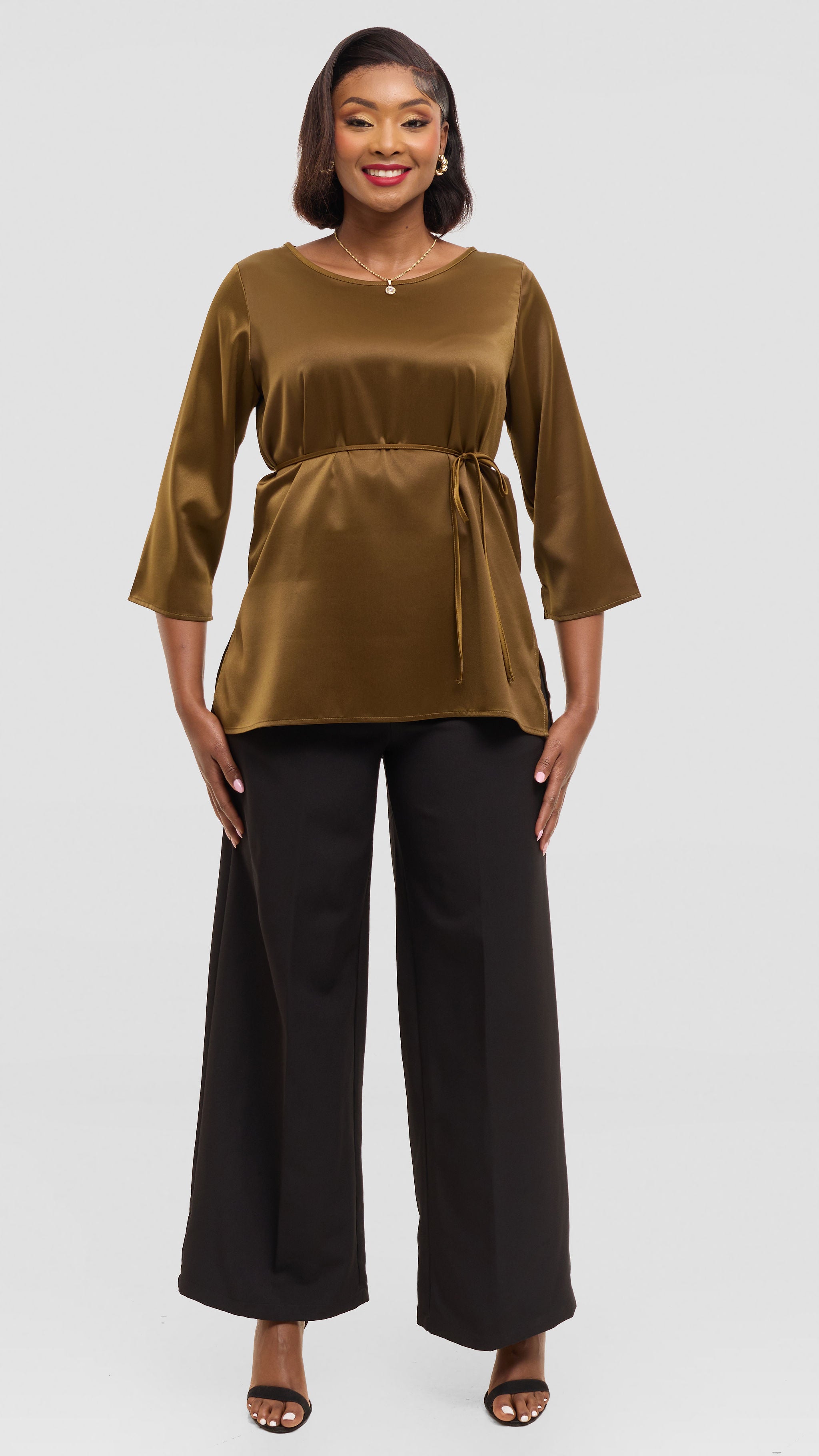 Vivo 3/4 Sleeve Side Slit Top in Satin - Dark Olive