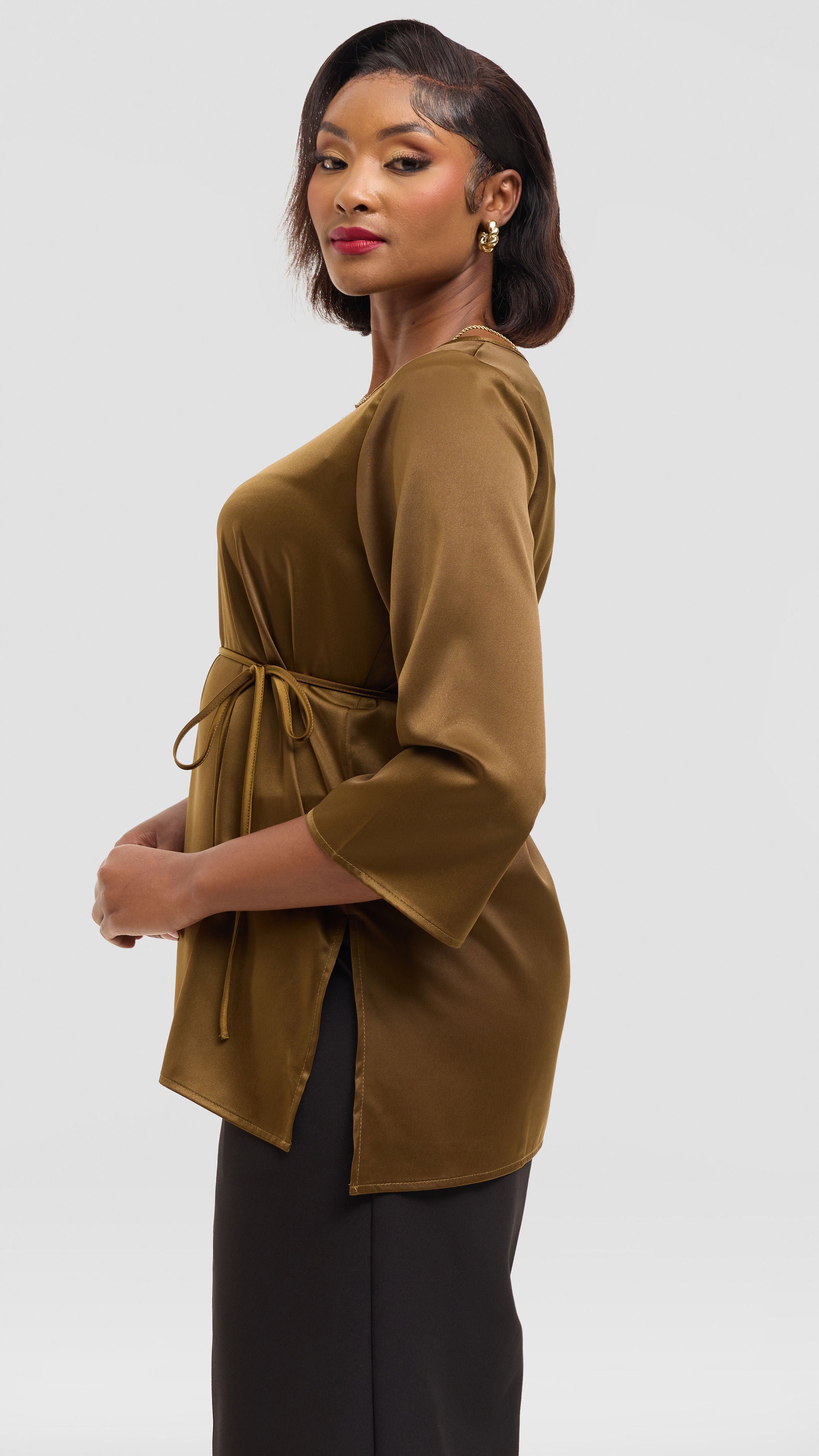 Vivo 3/4 Sleeve Side Slit Top in Satin - Dark Olive