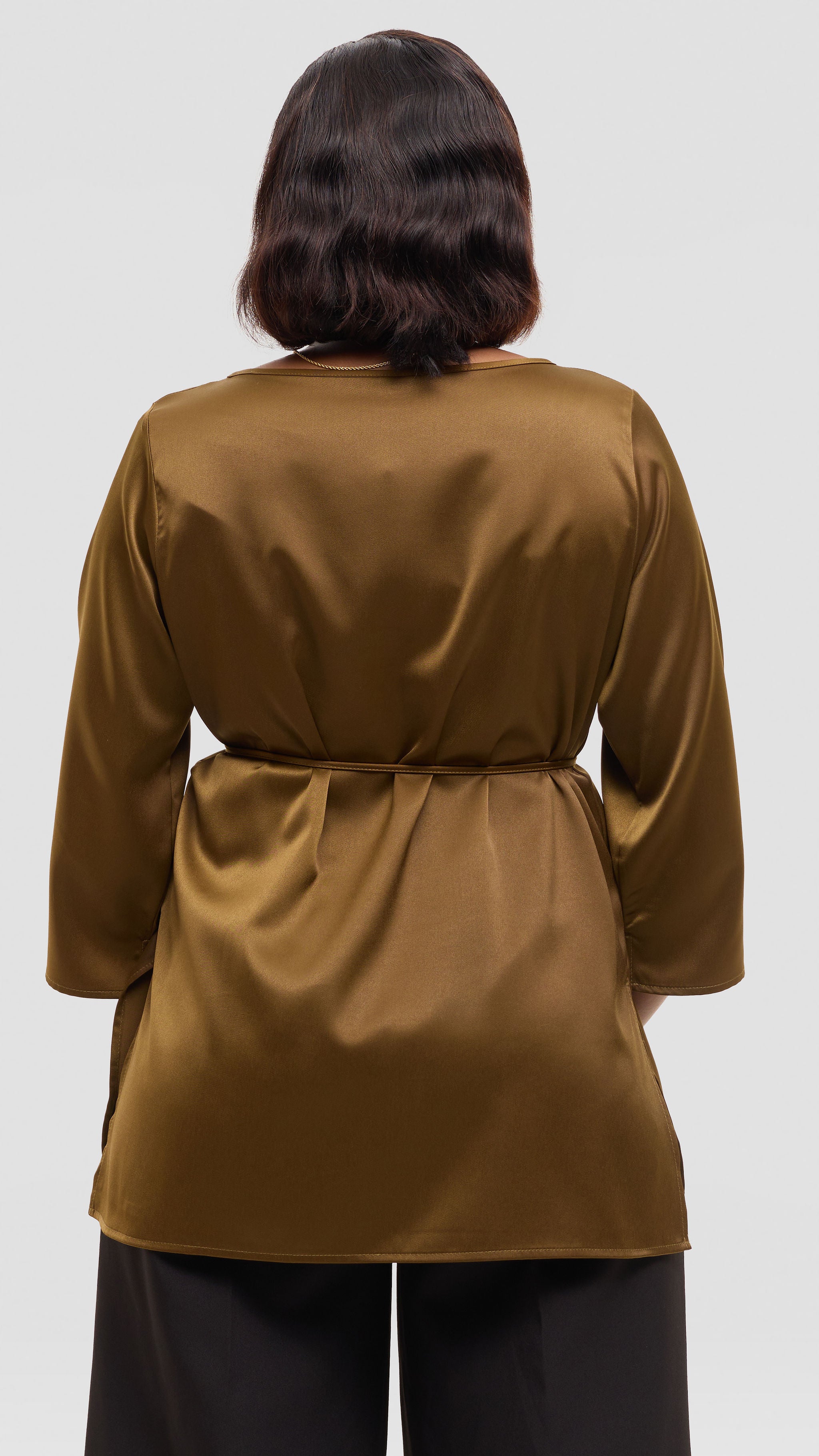 Vivo 3/4 Sleeve Side Slit Top in Satin - Dark Olive