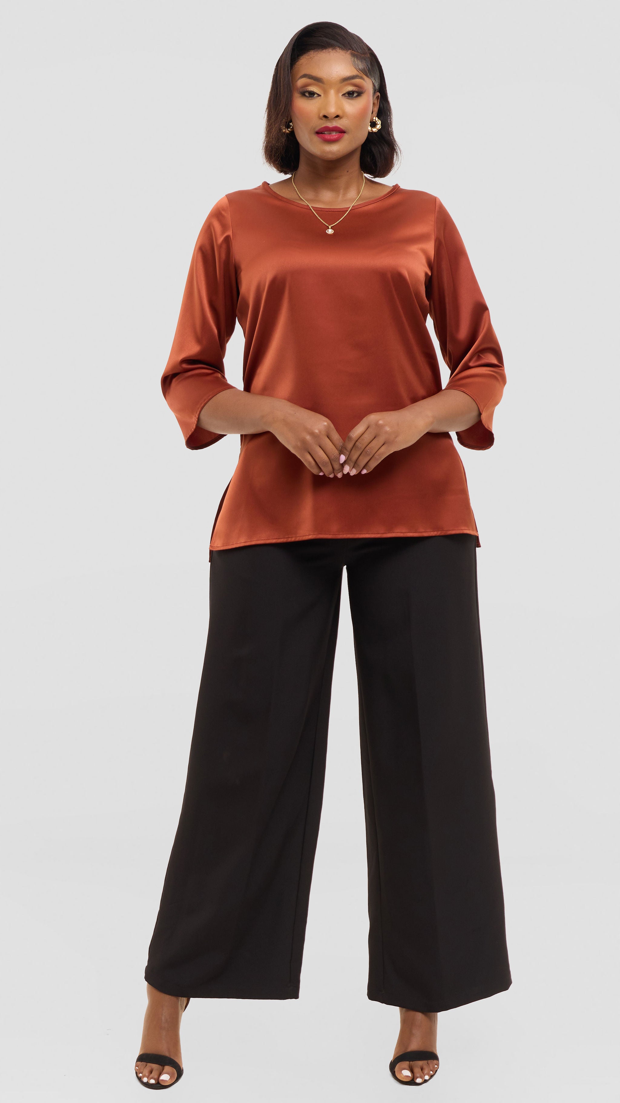 Vivo 3/4 Sleeve Side Slit Top in Satin - Rust