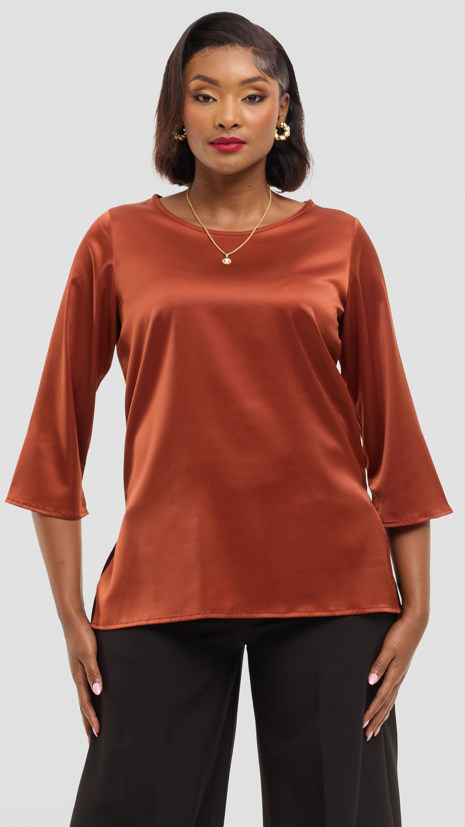 Vivo 3/4 Sleeve Side Slit Top in Satin - Rust