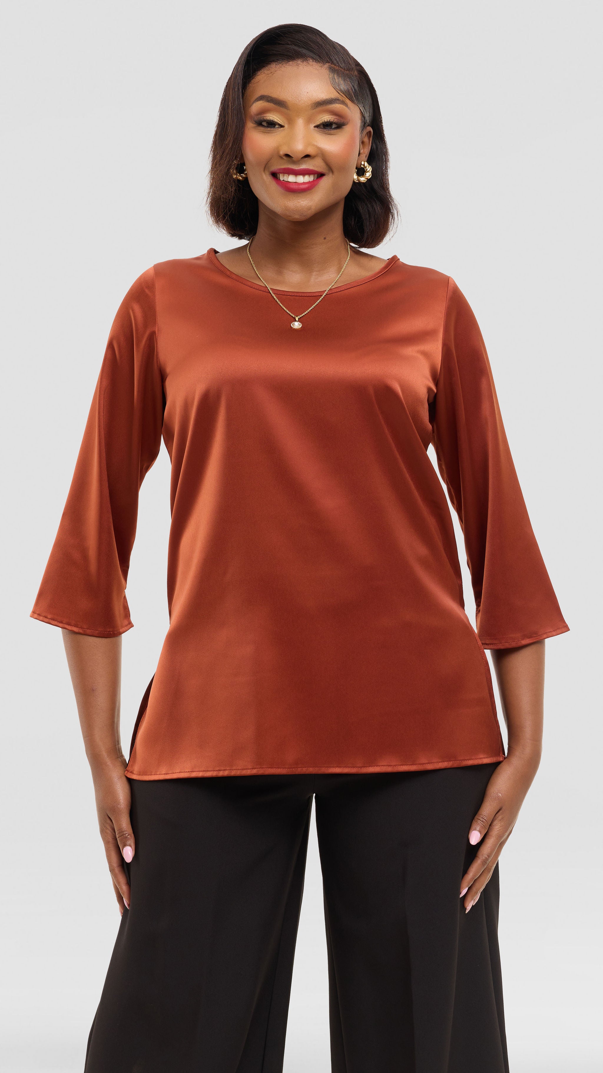 Vivo 3/4 Sleeve Side Slit Top in Satin - Rust
