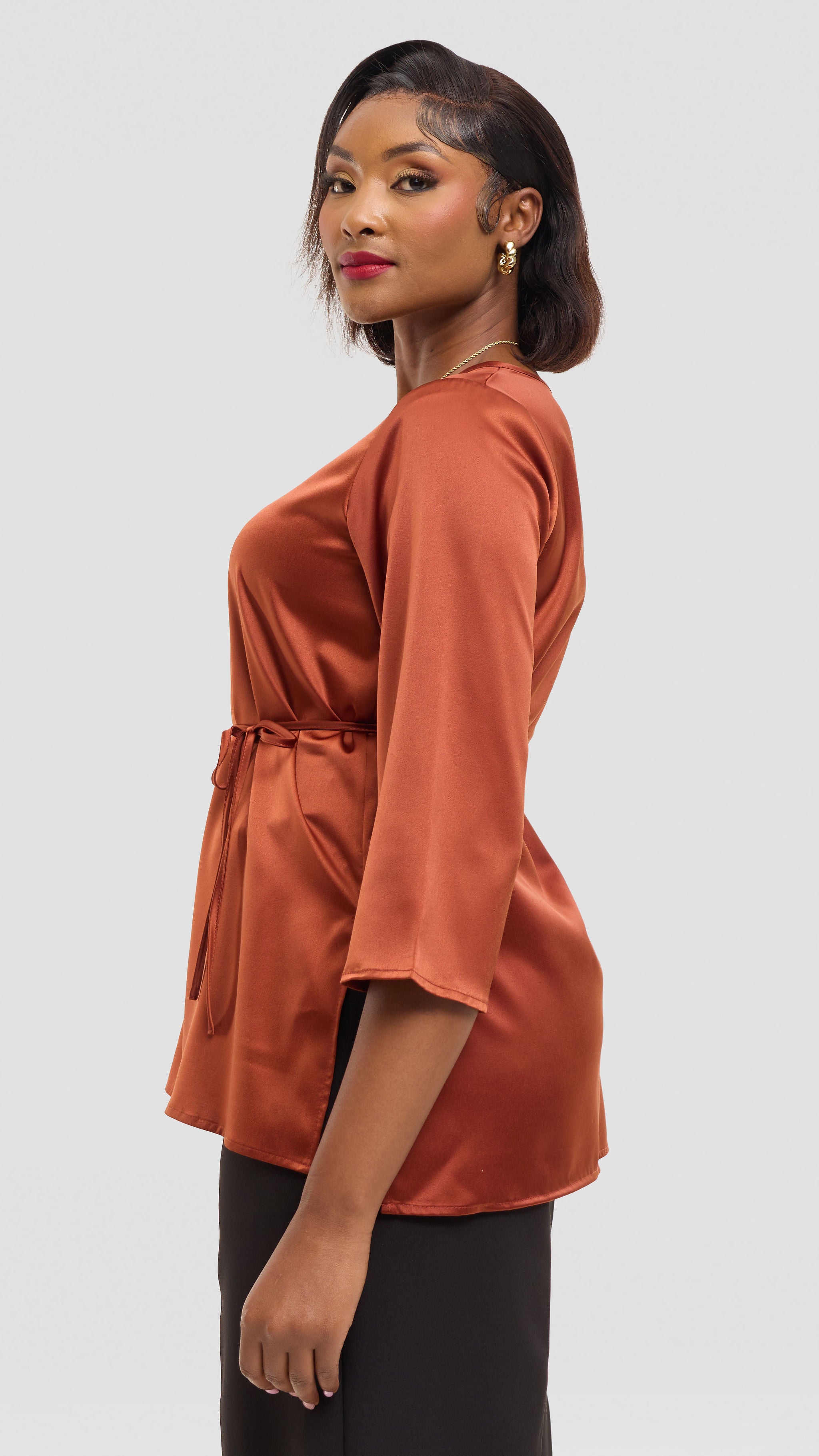 Vivo 3/4 Sleeve Side Slit Top in Satin - Rust