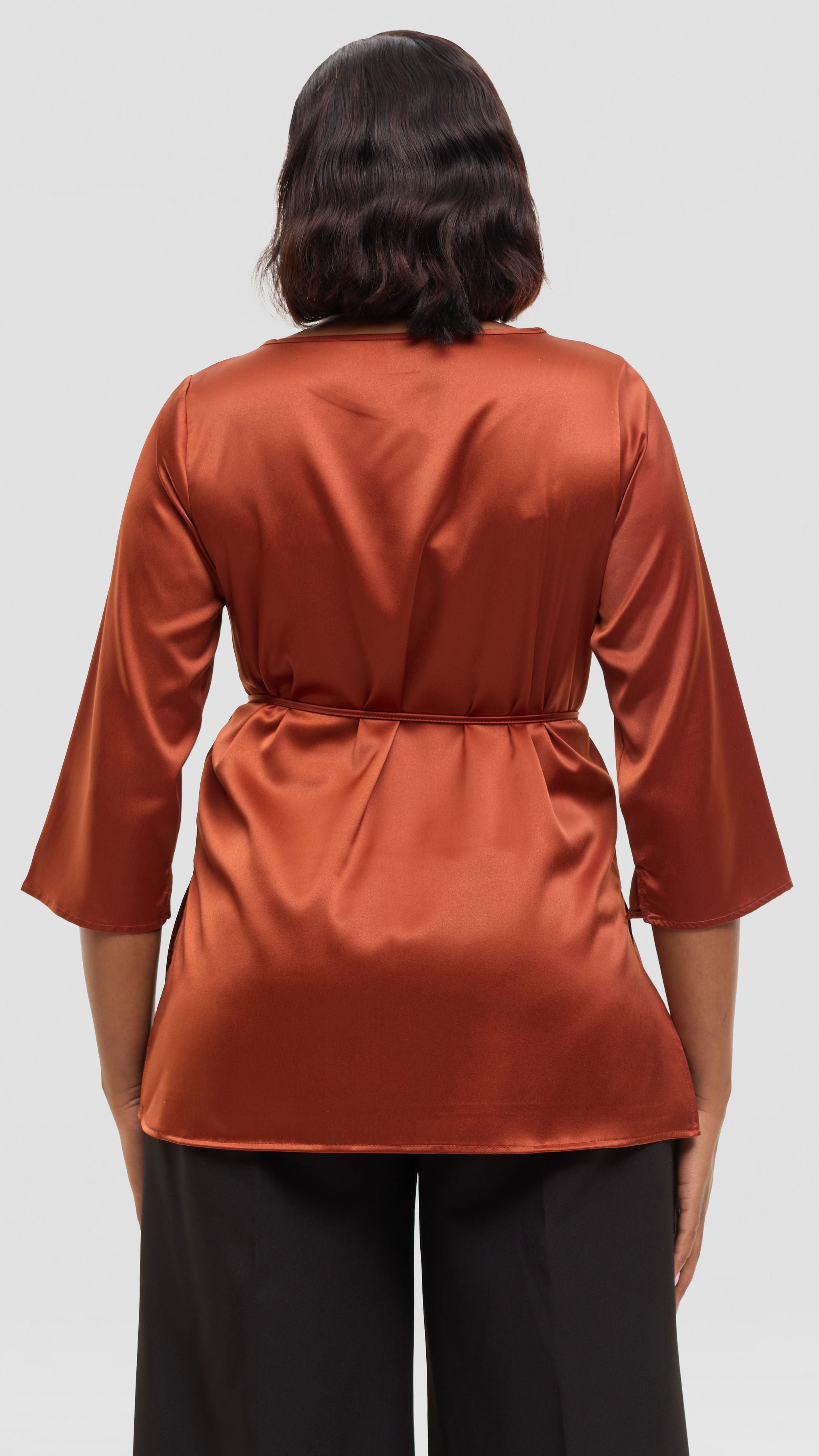 Vivo 3/4 Sleeve Side Slit Top in Satin - Rust