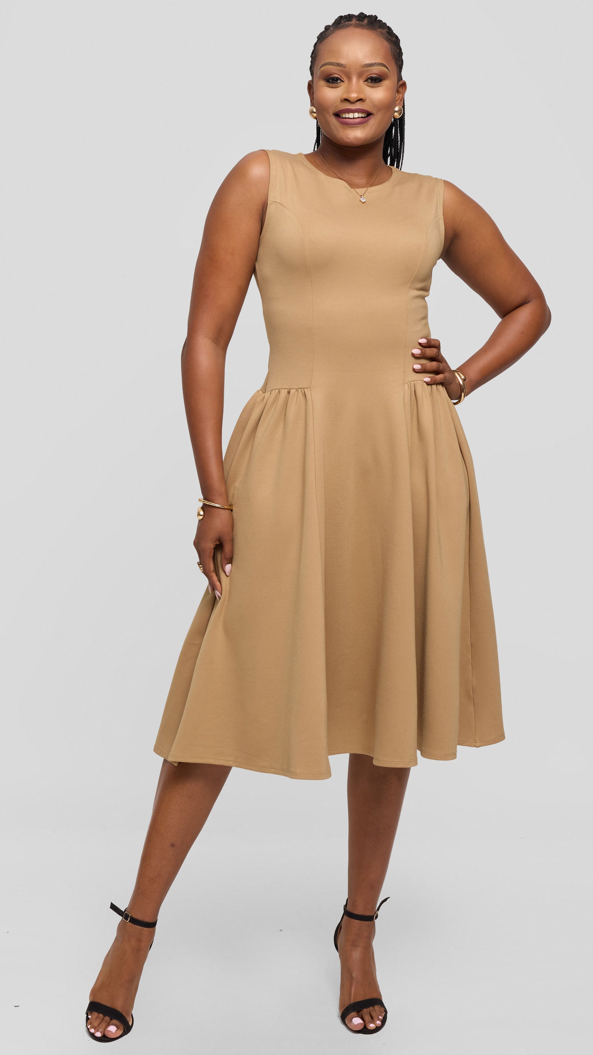 Vivo Panelled Waist Midi Dress in Ponte - Taupe