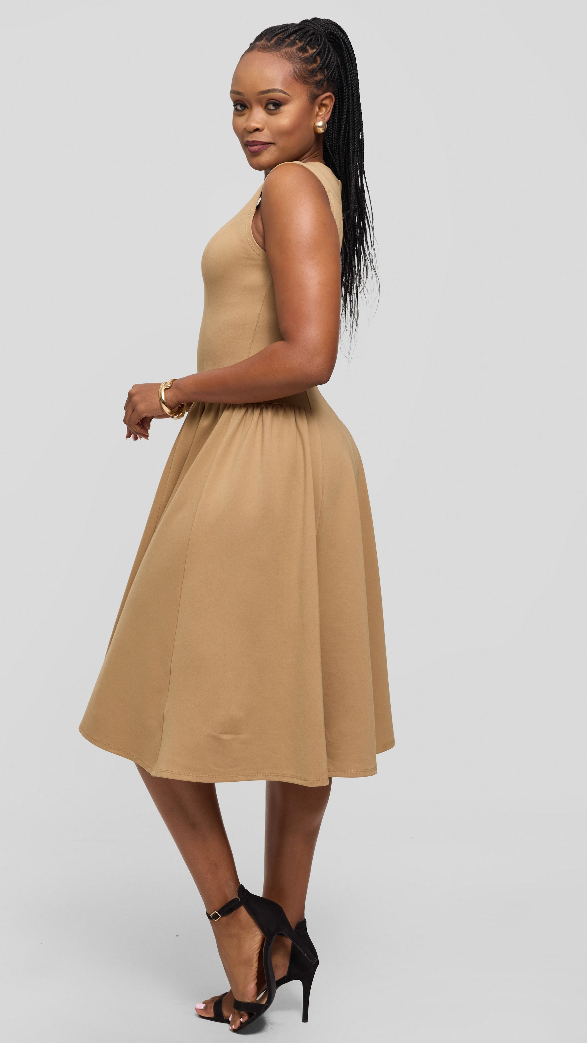 Vivo Panelled Waist Midi Dress in Ponte - Taupe