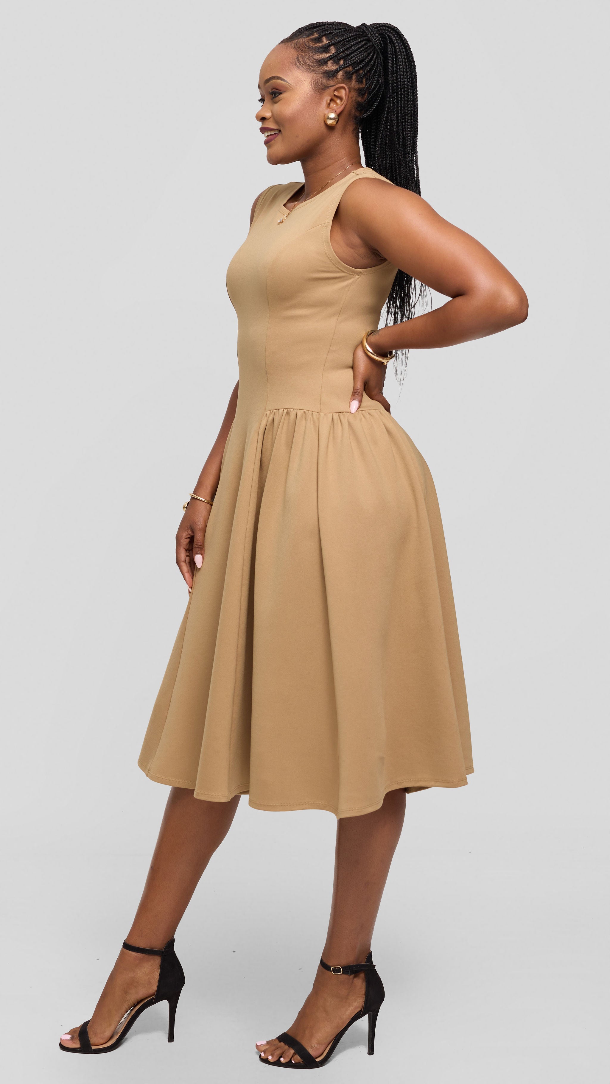 Vivo Panelled Waist Midi Dress in Ponte - Taupe