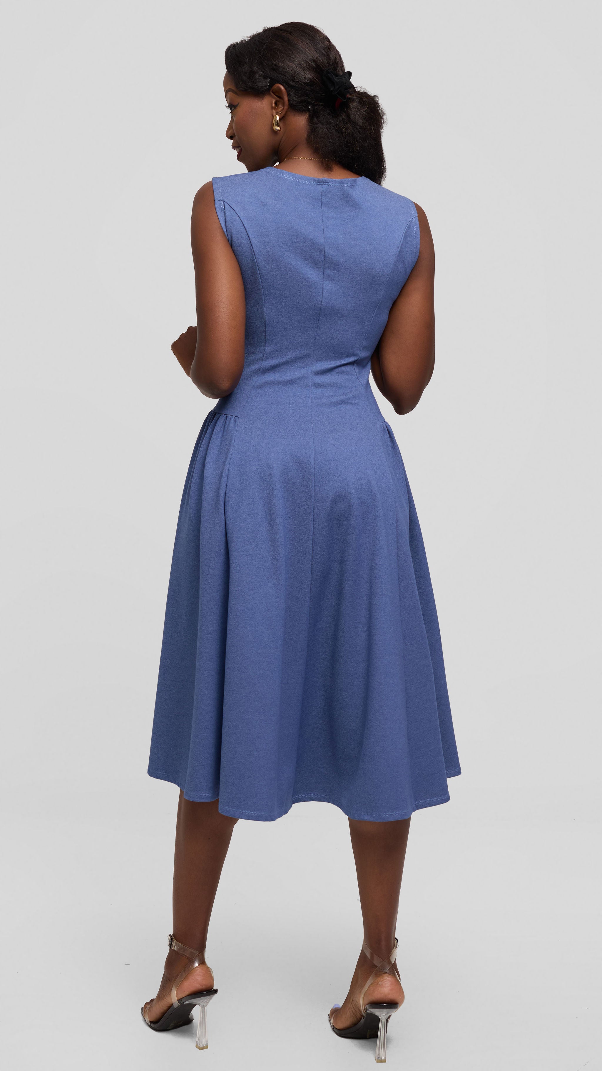 Vivo Panelled Waist Midi Dress in Ponte - Denim Blue