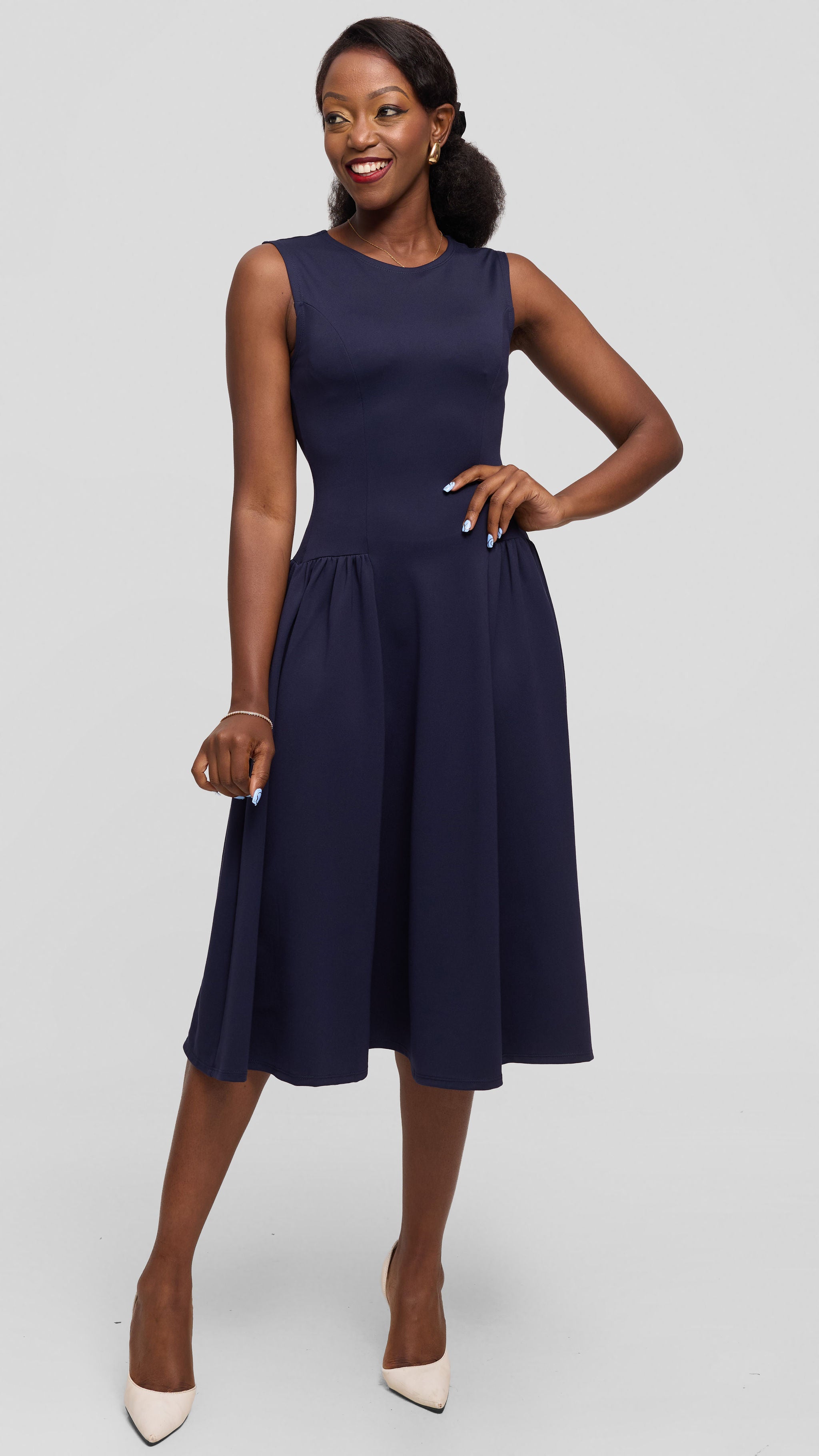 Vivo Panelled Waist Midi Dress in Ponte - Navy