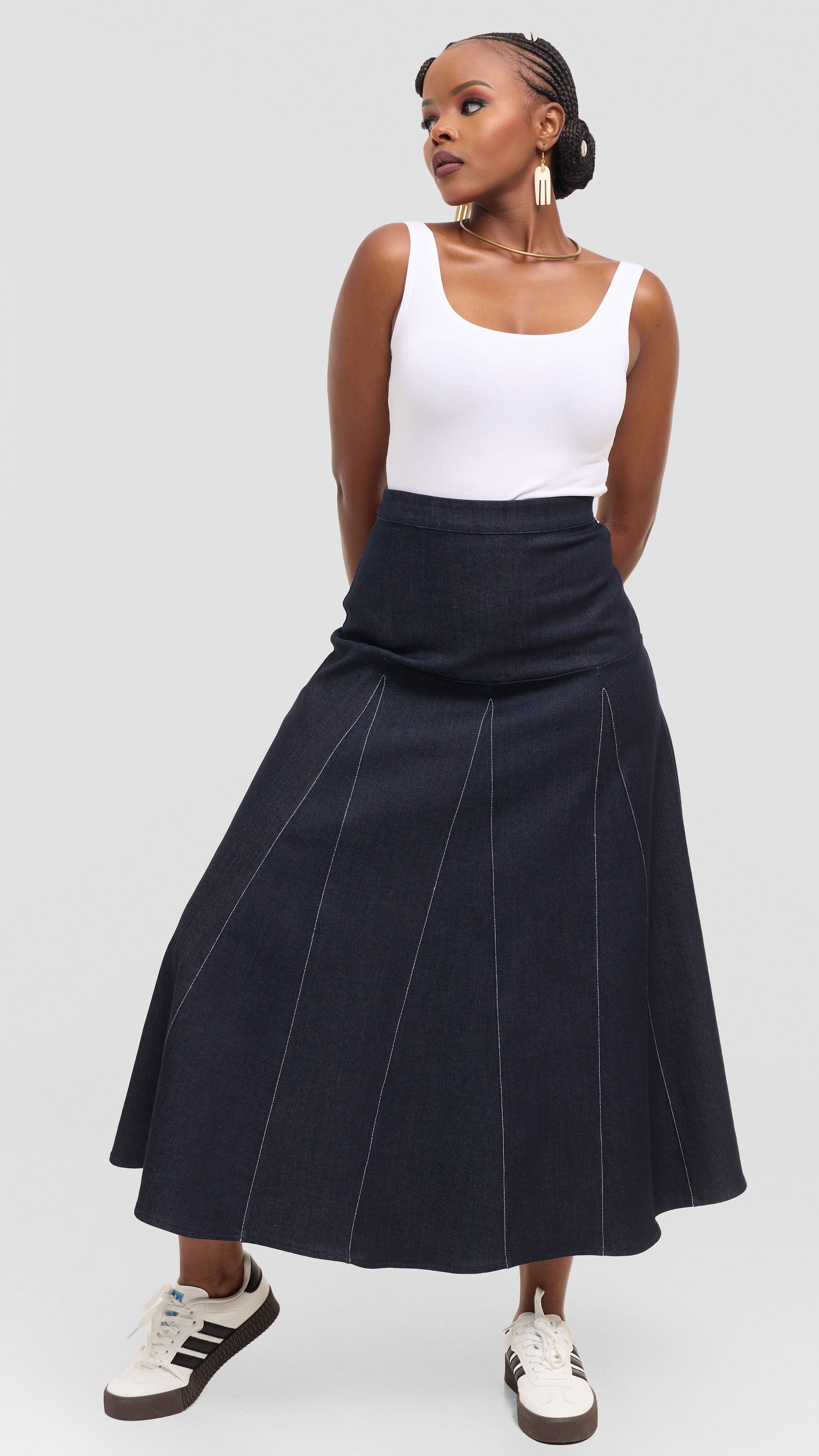 Safari by Vivo Godet Contrast Stitch Midi Skirt in Denim - Navy