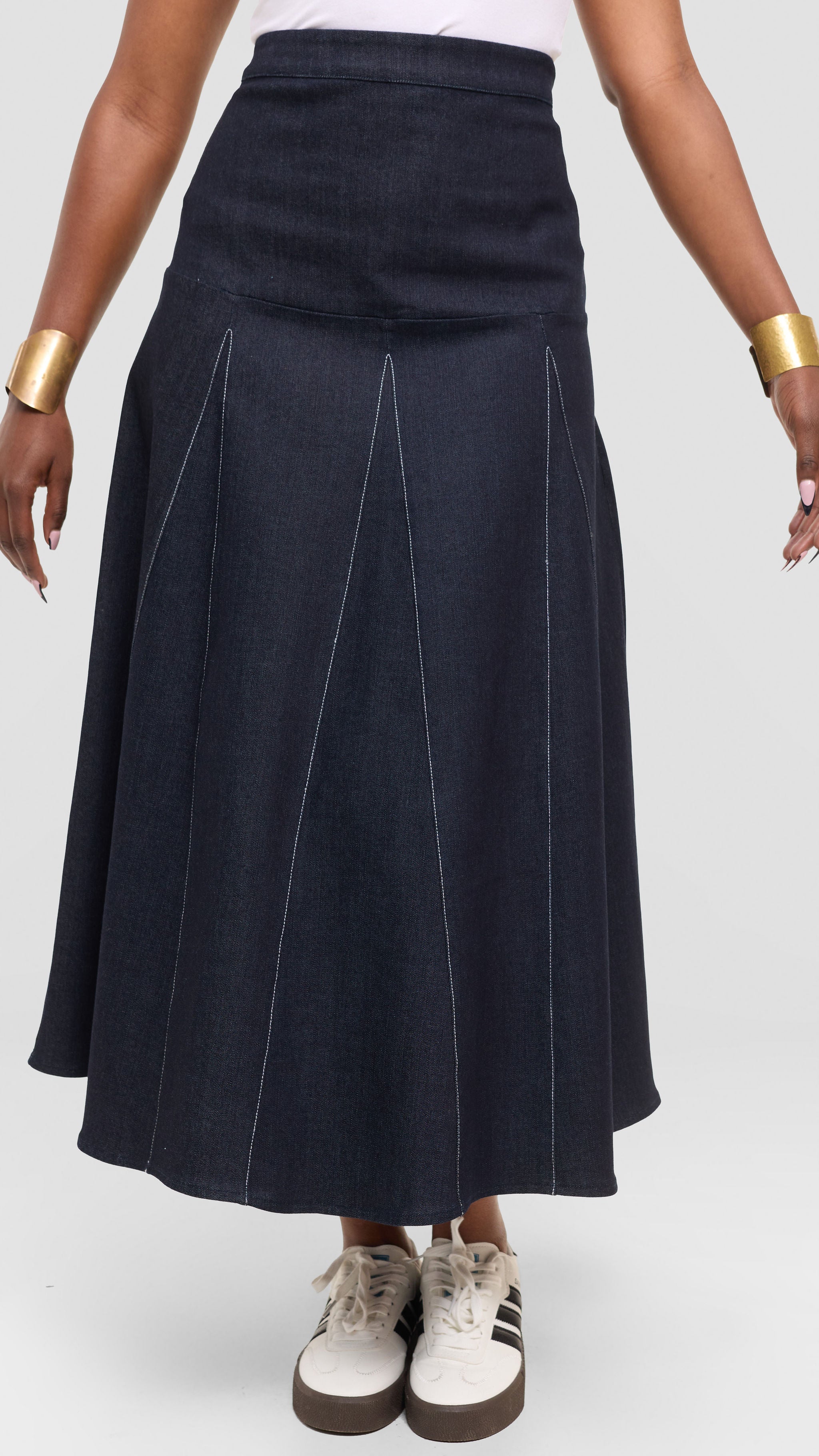 Safari by Vivo Godet Contrast Stitch Midi Skirt in Denim - Navy