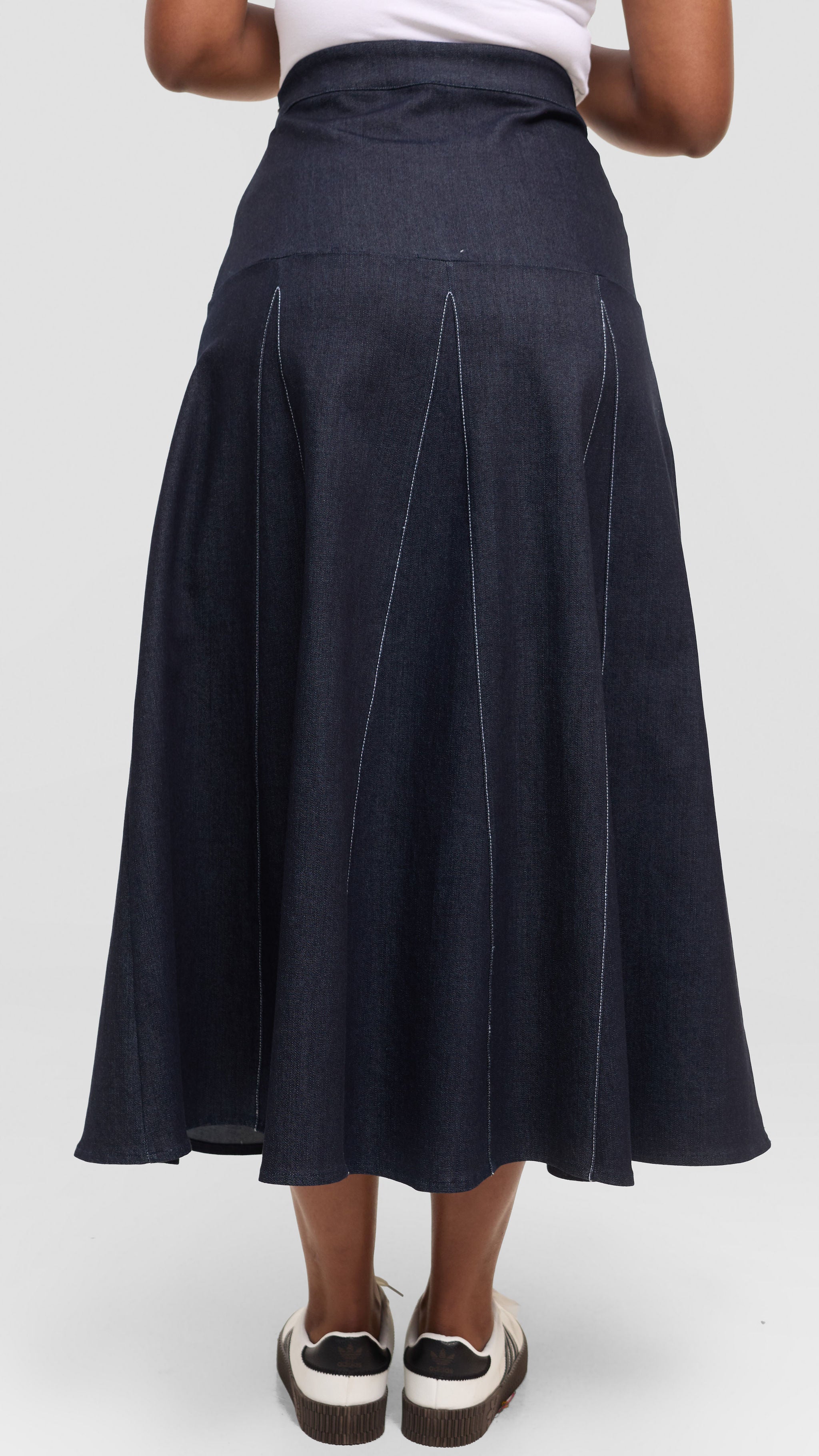 Safari by Vivo Godet Contrast Stitch Midi Skirt in Denim - Navy