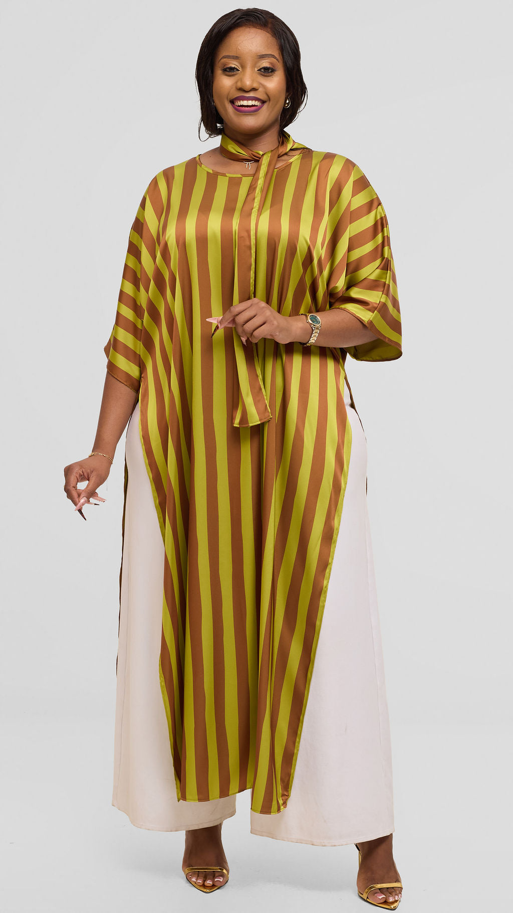 Vivo Lani Maxi Top in Satin - Olive  / Rust Mani Print