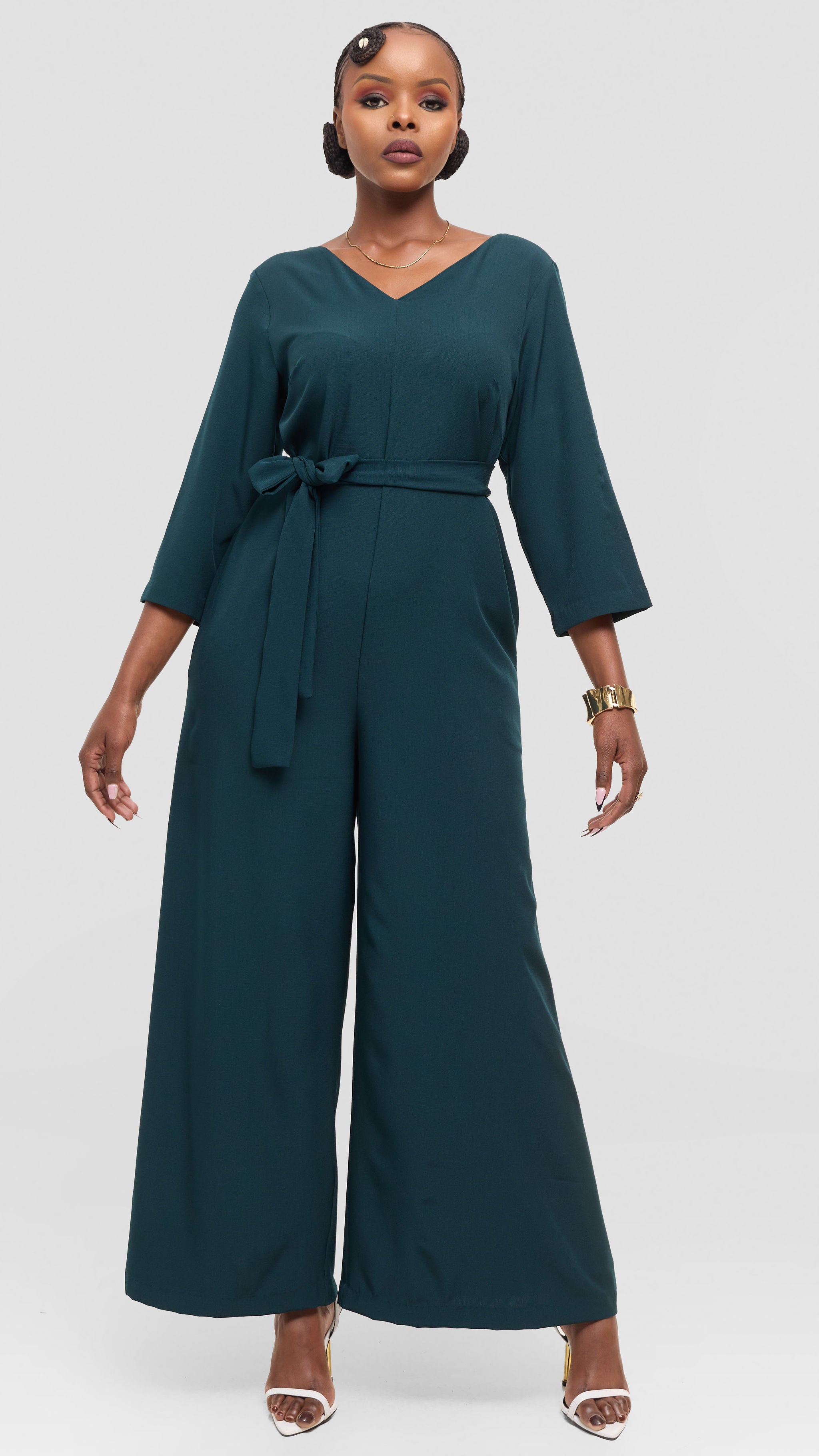 Vivo Diella V-Neck Jumpsuit in Crepe - Dark Green