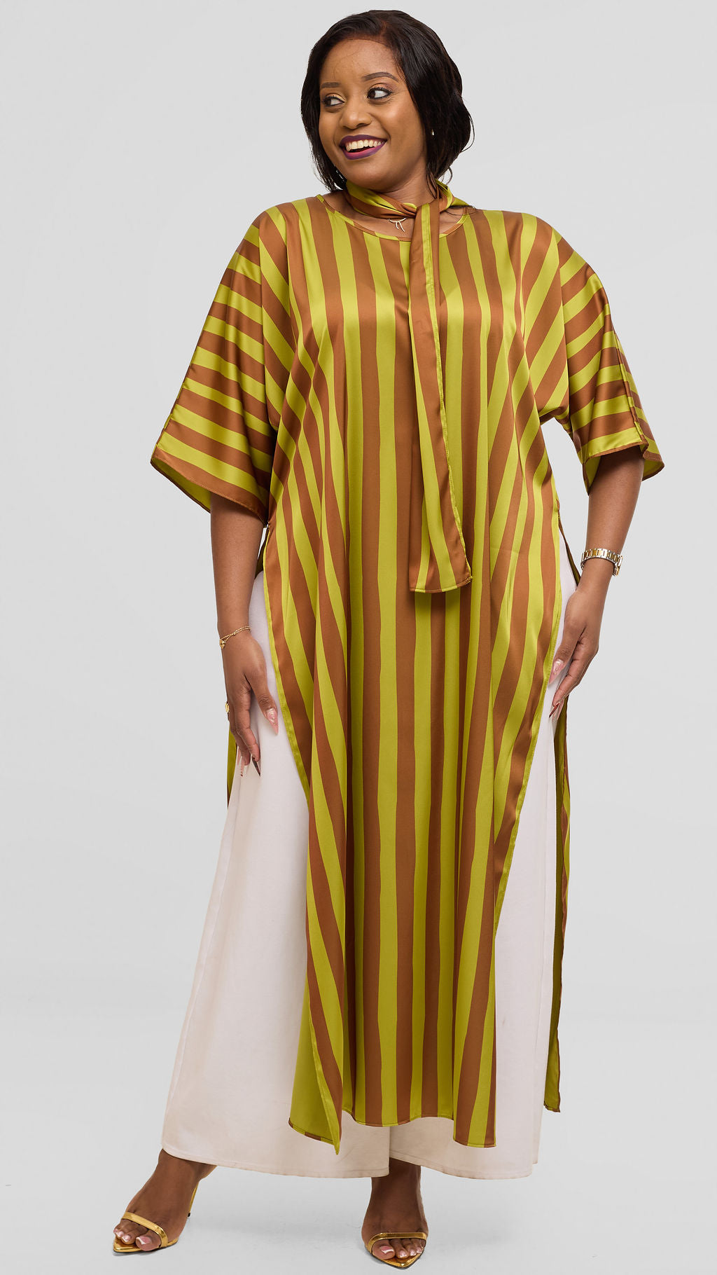 Vivo Lani Maxi Top in Satin - Olive  / Rust Mani Print