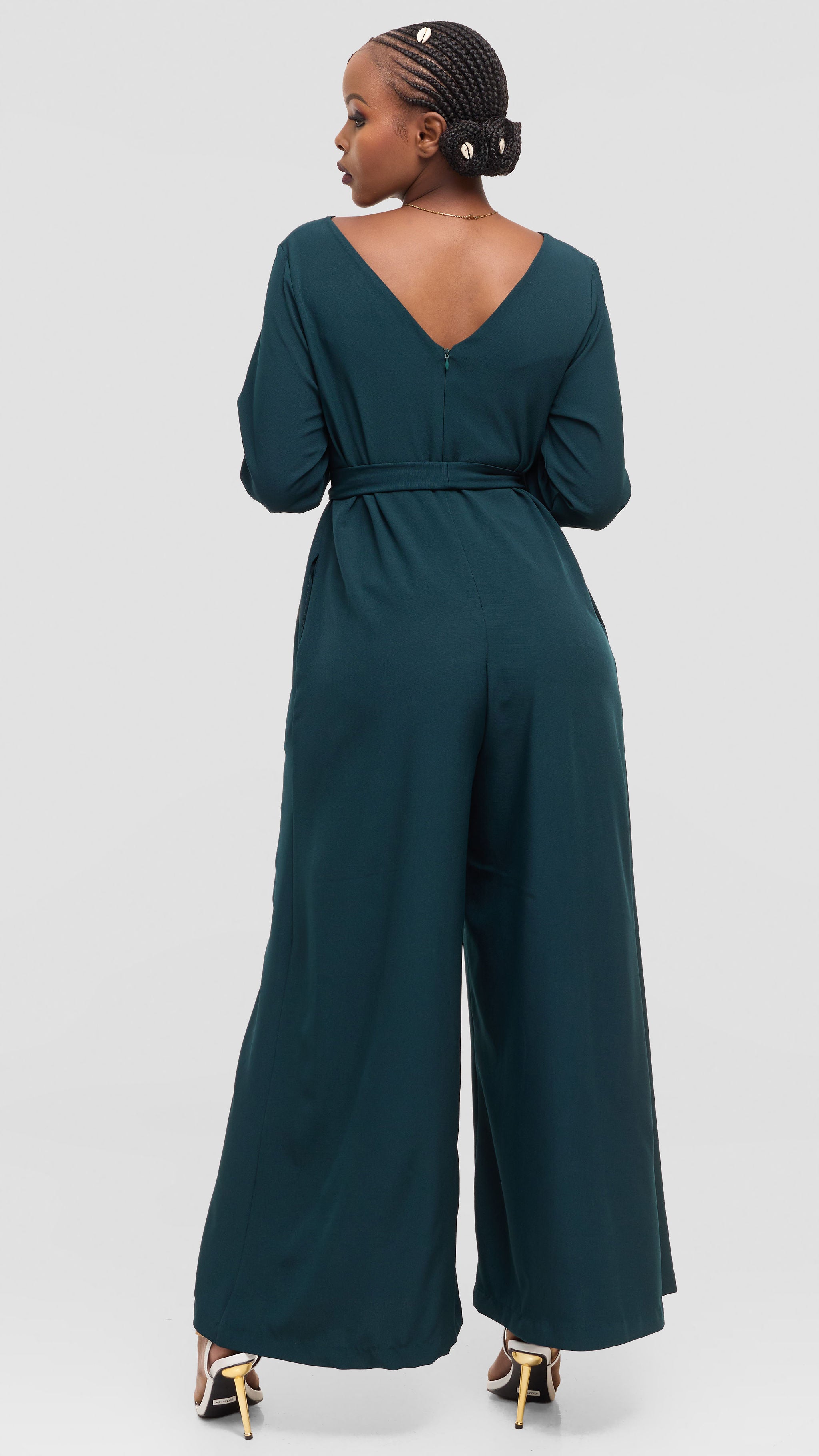 Vivo Diella V-Neck Jumpsuit in Crepe - Dark Green