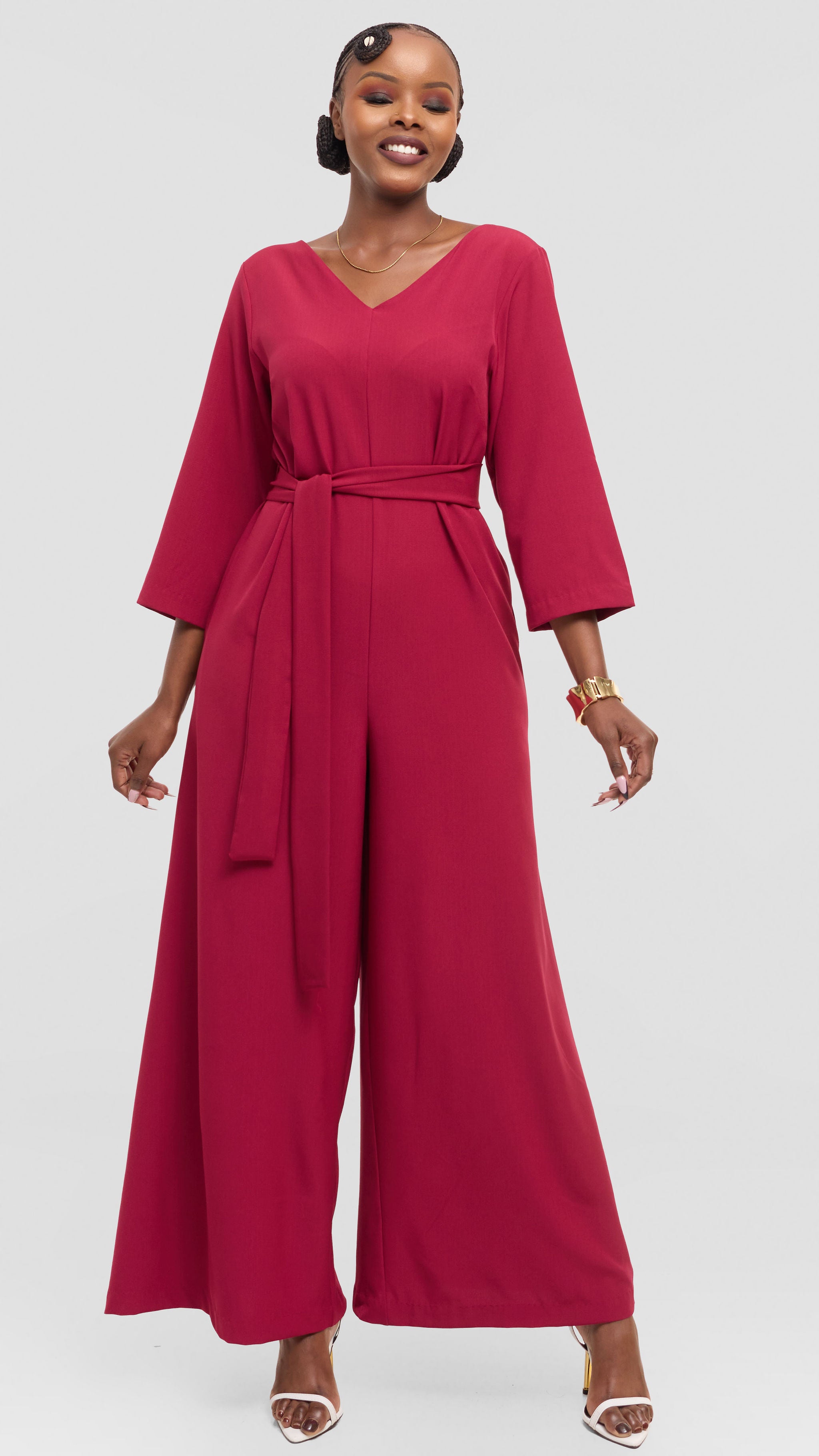 Vivo Diella V-Neck Jumpsuit in Crepe - Maroon