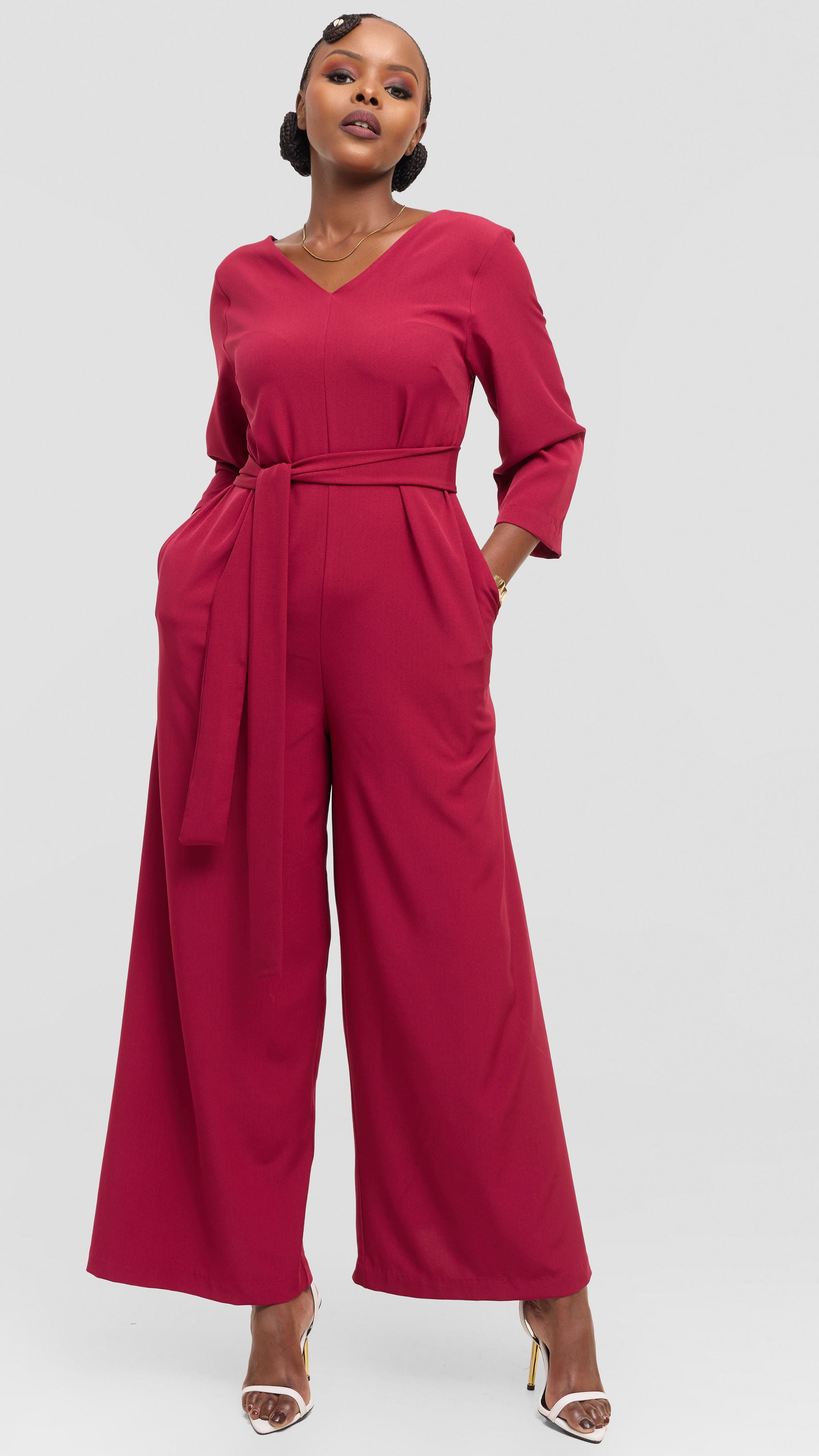 Vivo Diella V-Neck Jumpsuit in Crepe - Maroon
