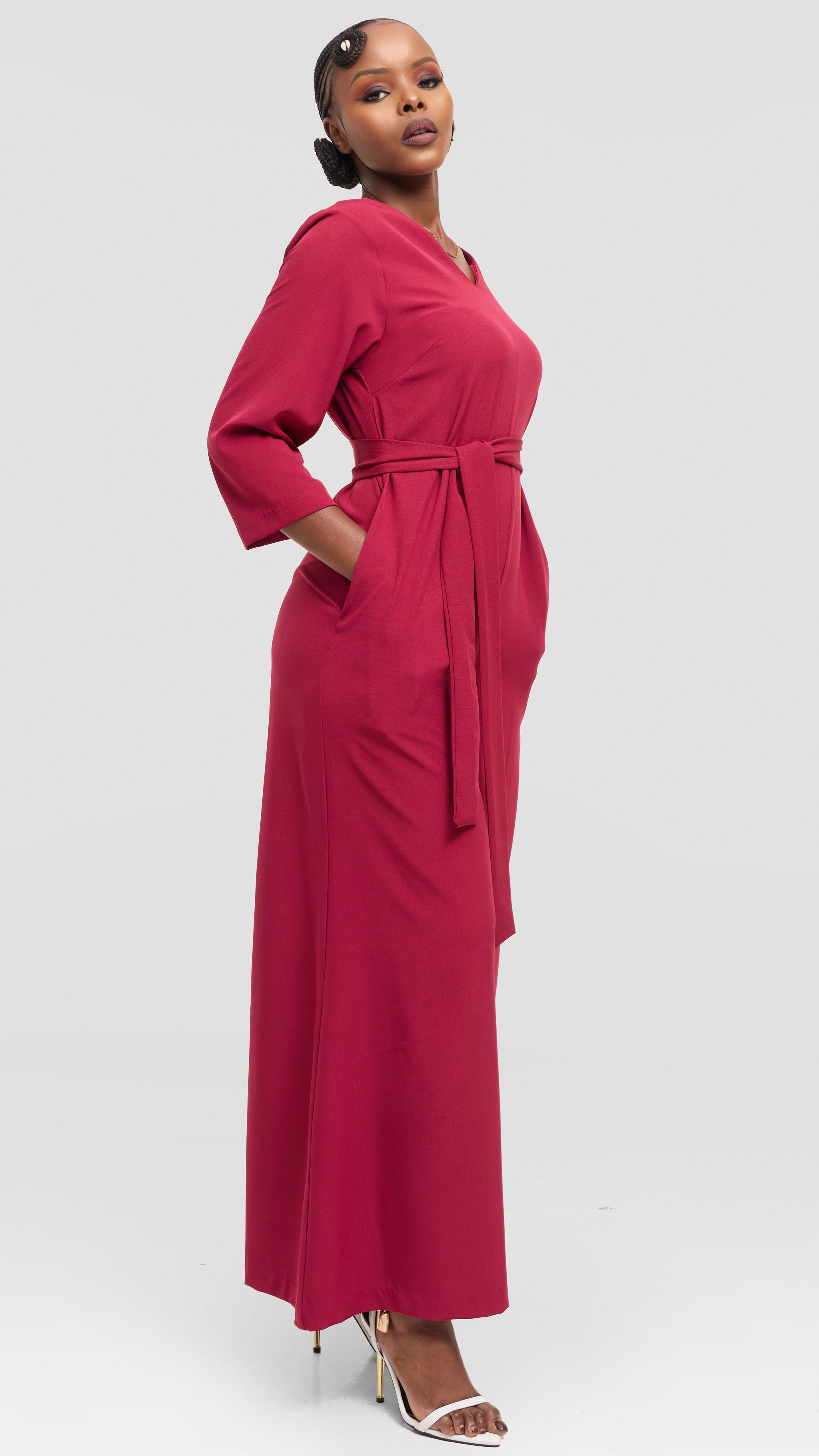 Vivo Diella V-Neck Jumpsuit in Crepe - Maroon