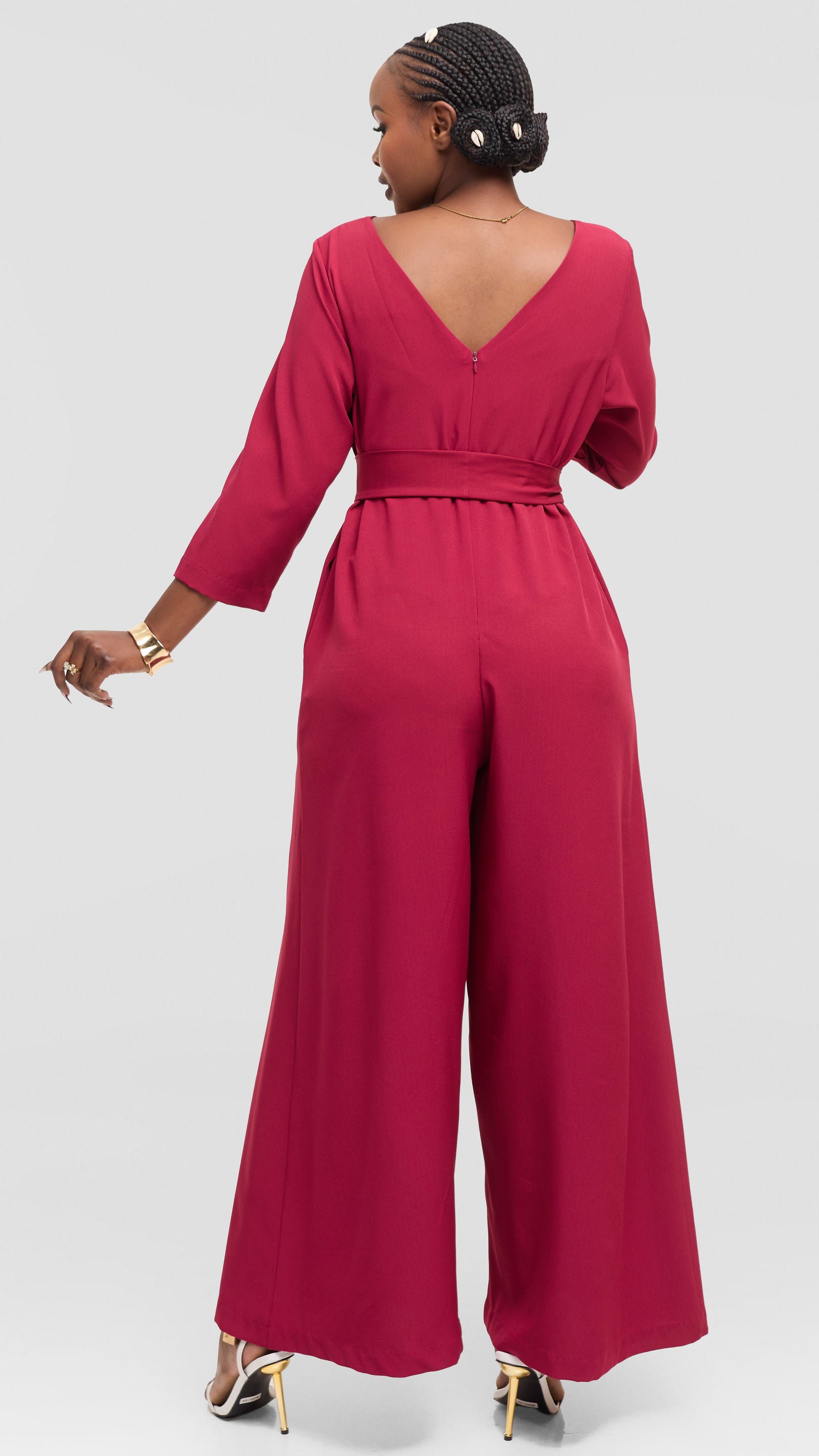 Vivo Diella V-Neck Jumpsuit in Crepe - Maroon