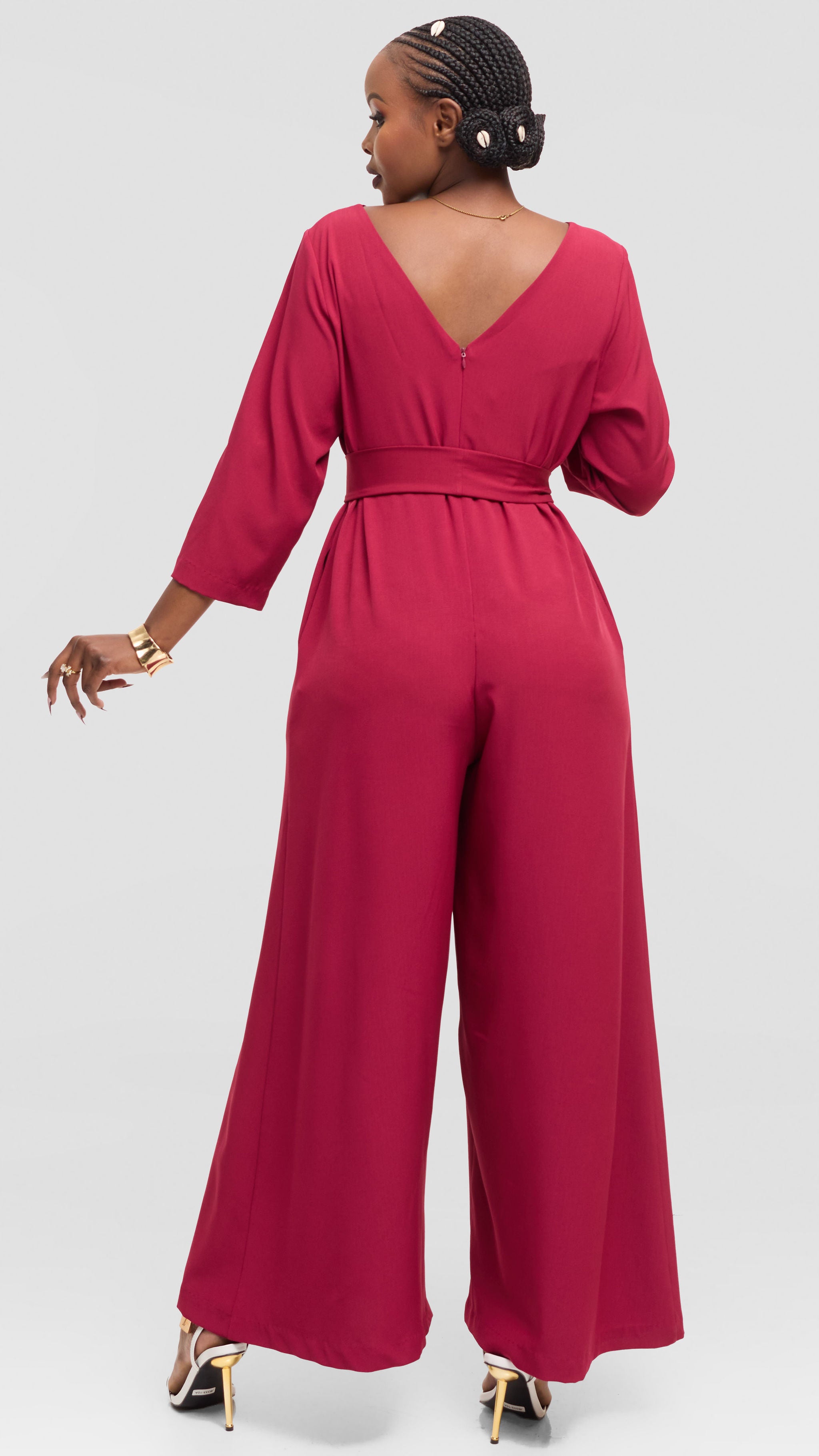 Vivo Diella V-Neck Jumpsuit in Crepe - Maroon
