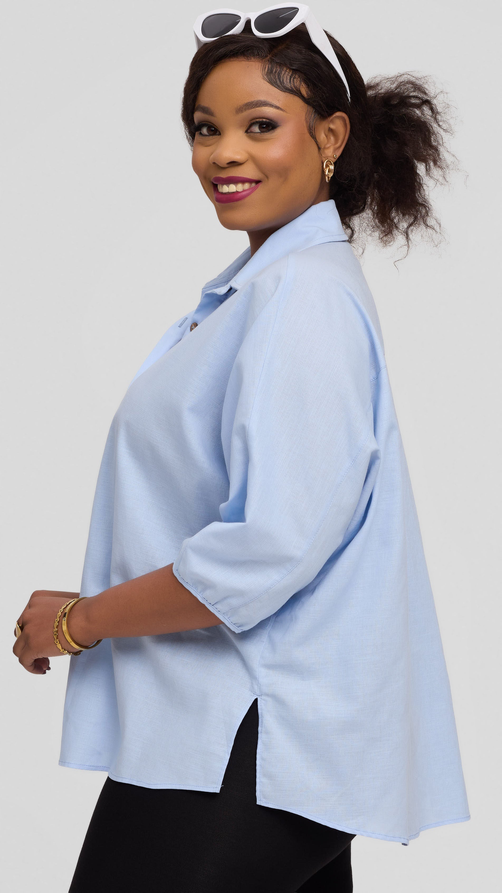 Safari by Vivo Back Pleat Loose Top in Linen Blend - Light Blue