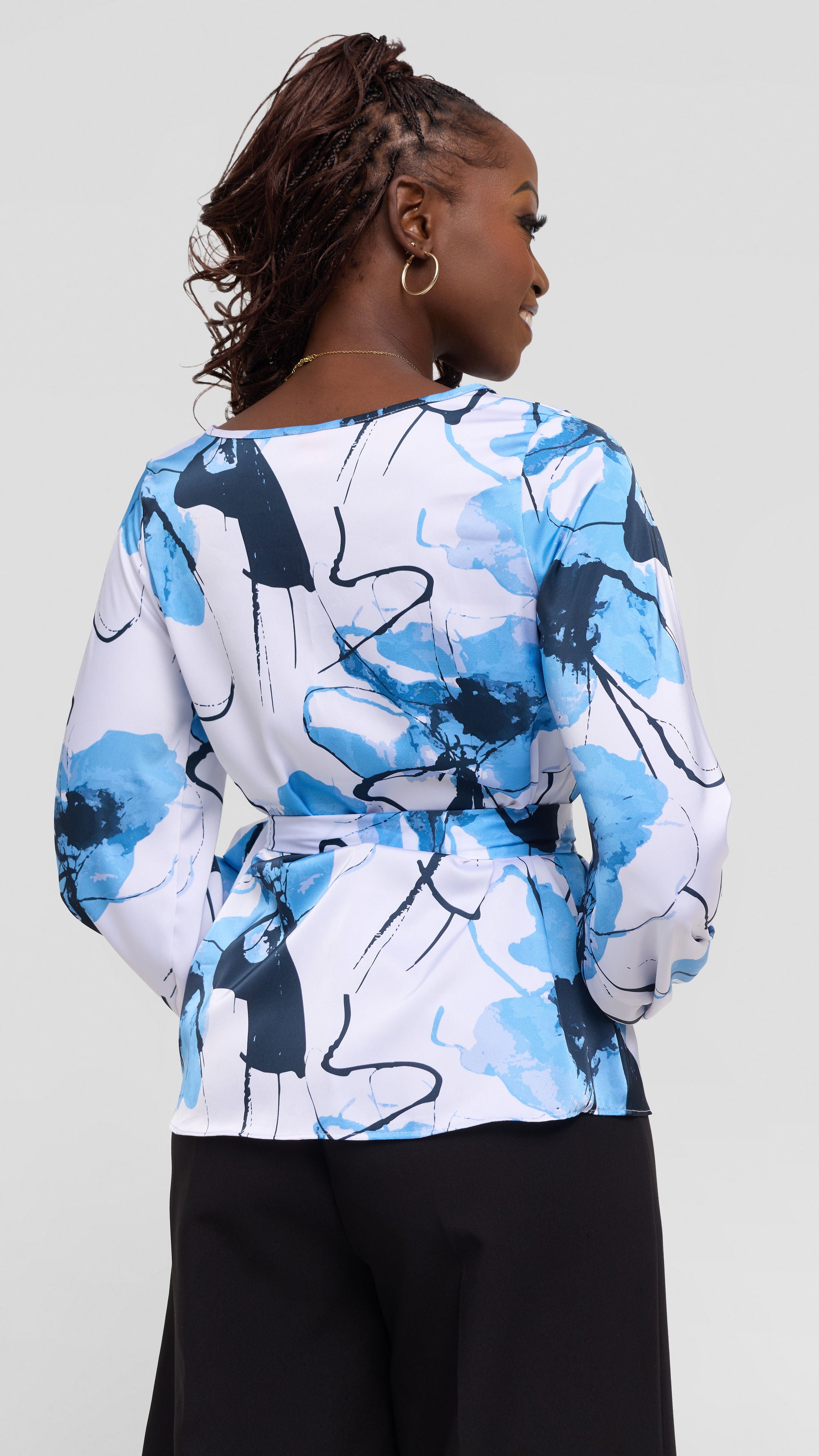 Vivo Basic Satin Bishop Sleeve Top - White / Blue Print