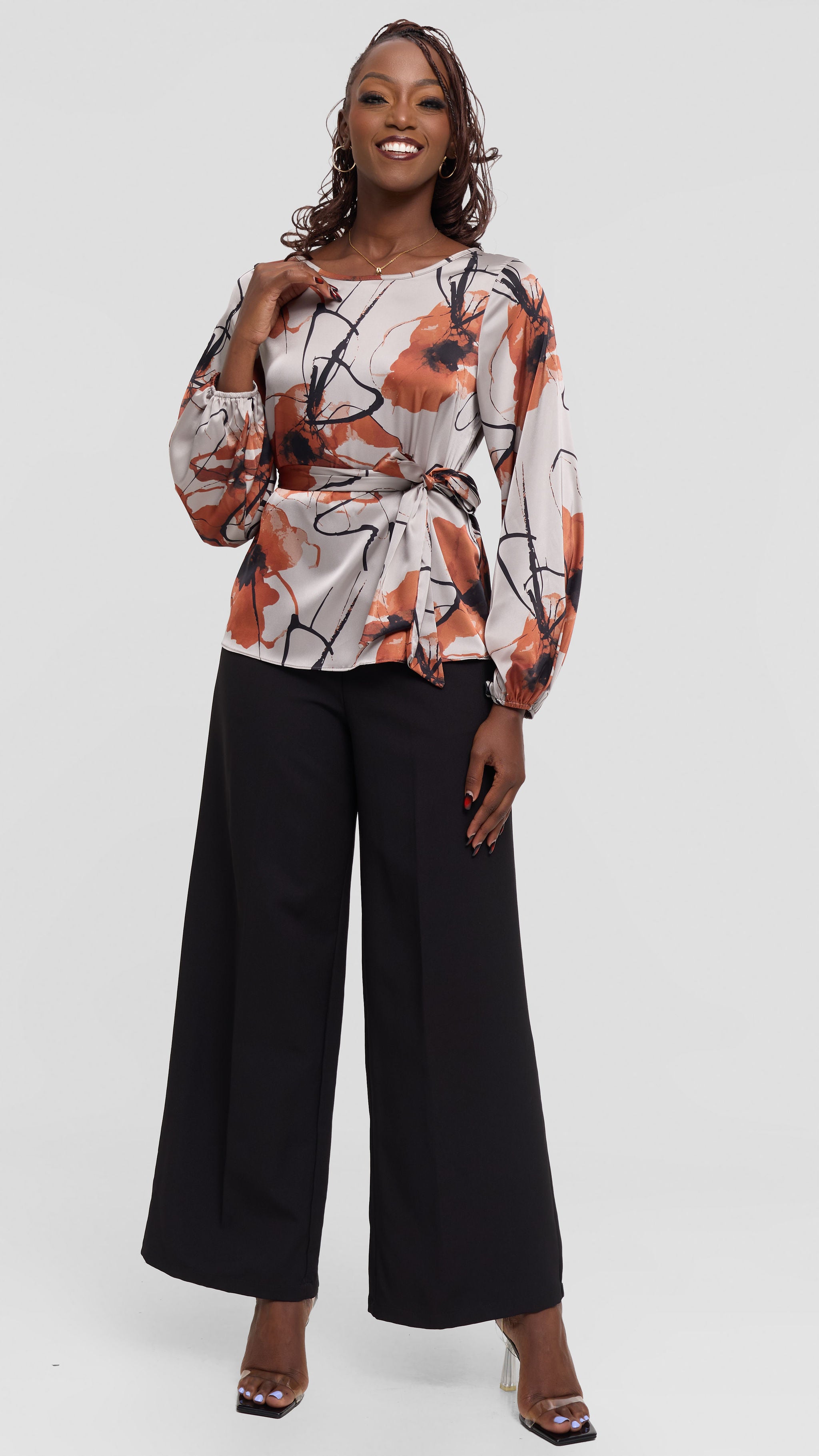Vivo Basic Satin Bishop Sleeve Top - Grey / Rust Print