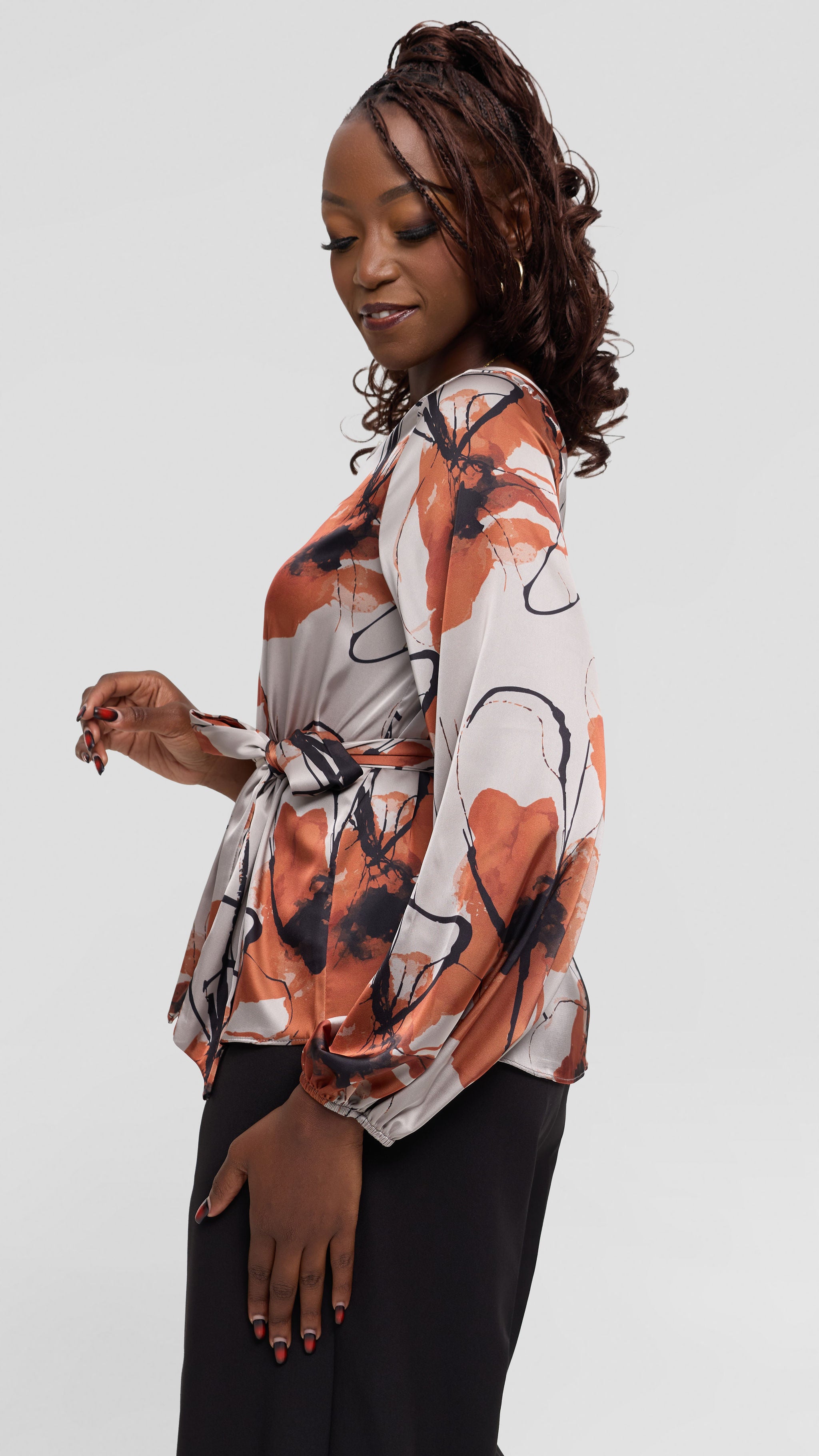 Vivo Basic Satin Bishop Sleeve Top - Grey / Rust Print