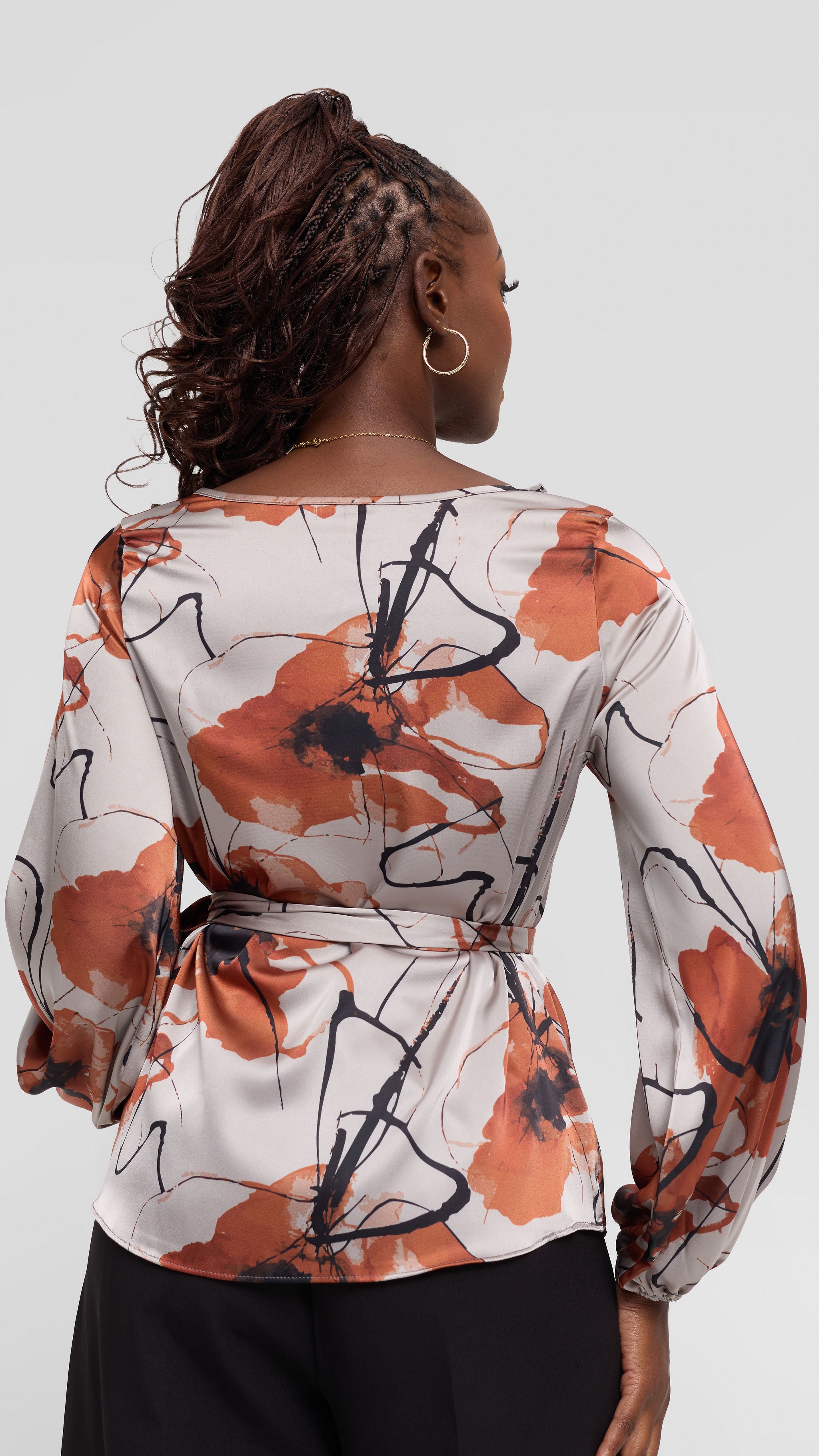 Vivo Basic Satin Bishop Sleeve Top - Grey / Rust Print
