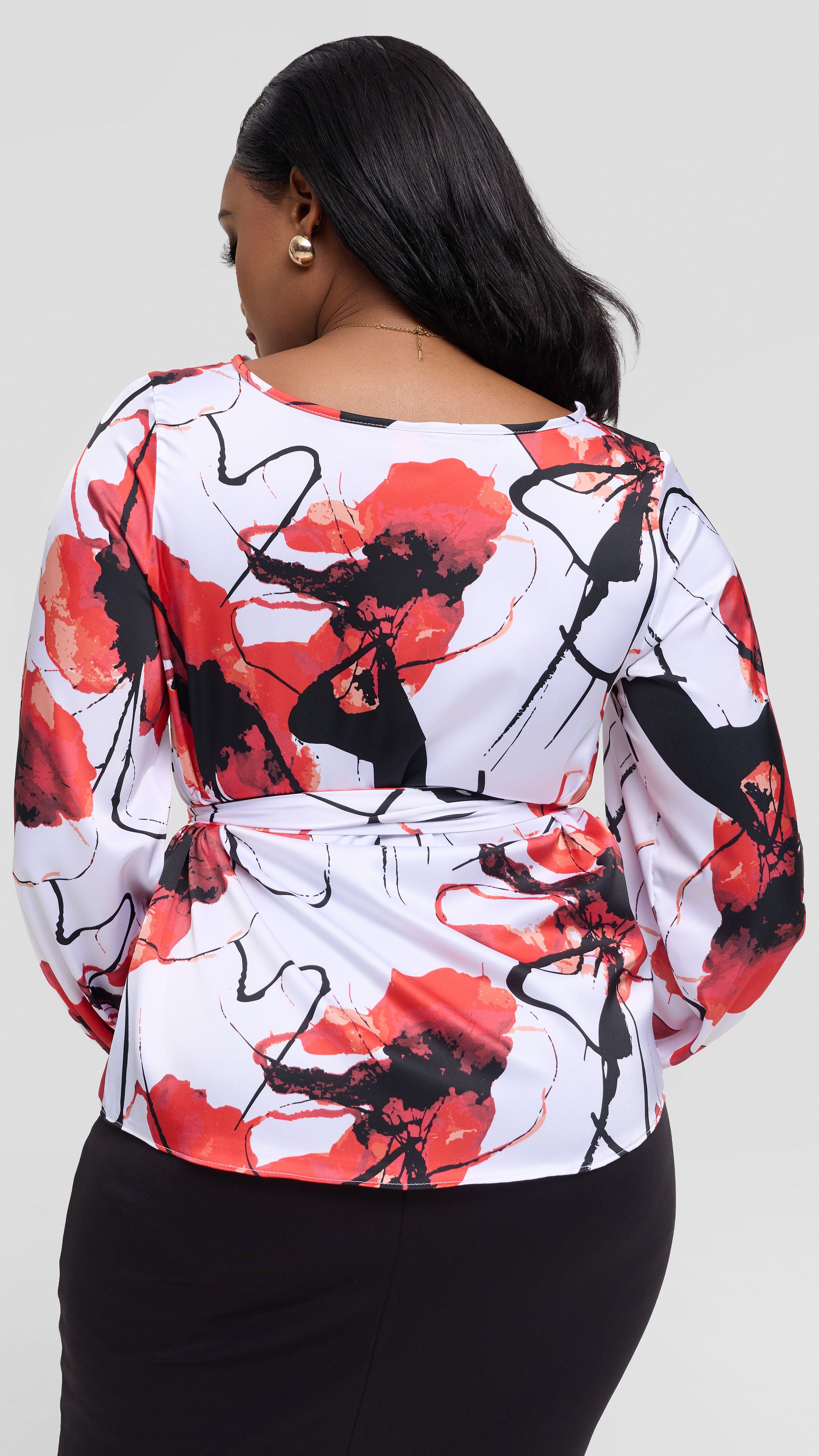 Vivo Basic Satin Bishop Sleeve Top - White / Red Print