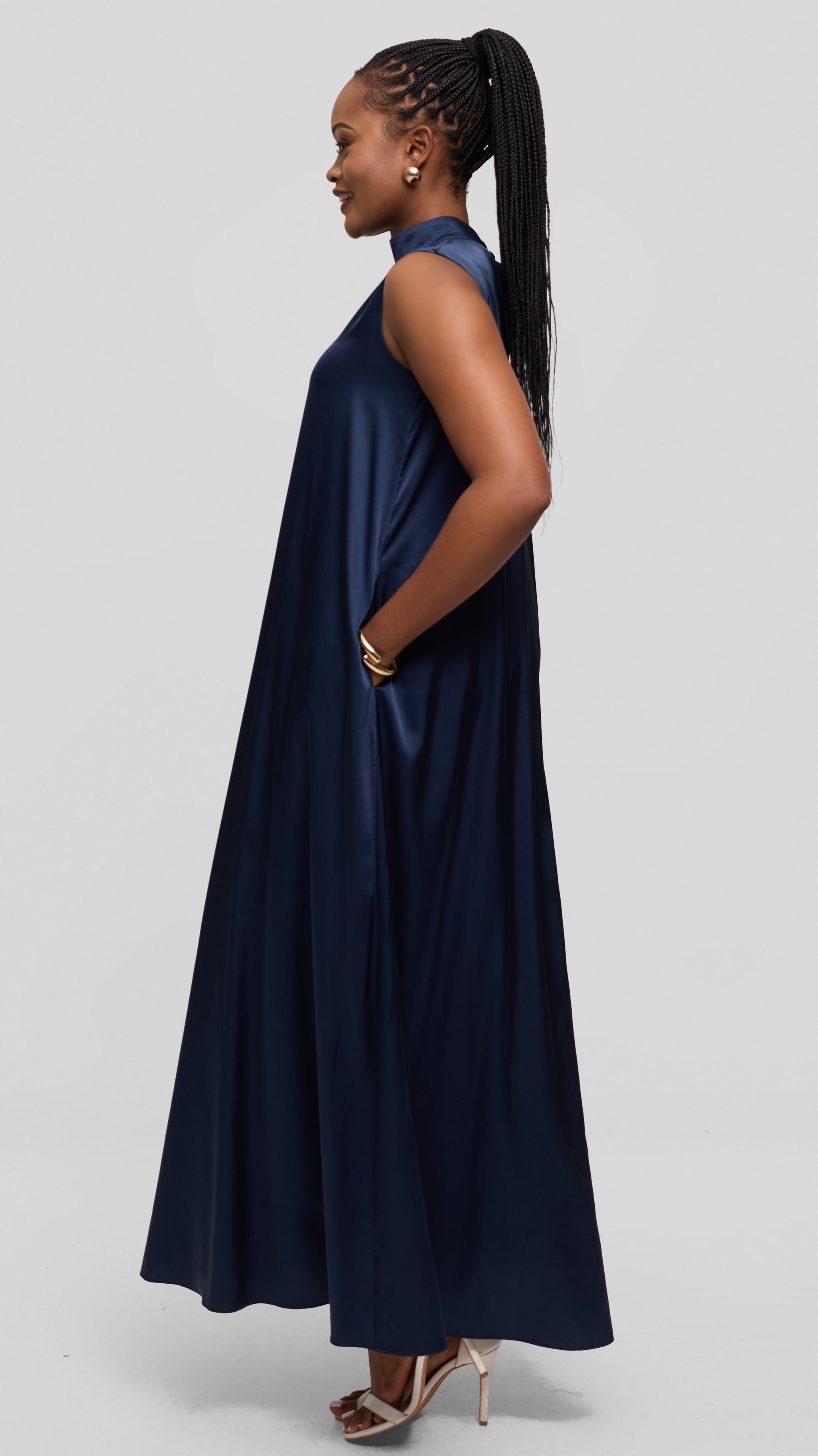 Vivo Thando Mock Neck Maxi Dress in Satin - Navy