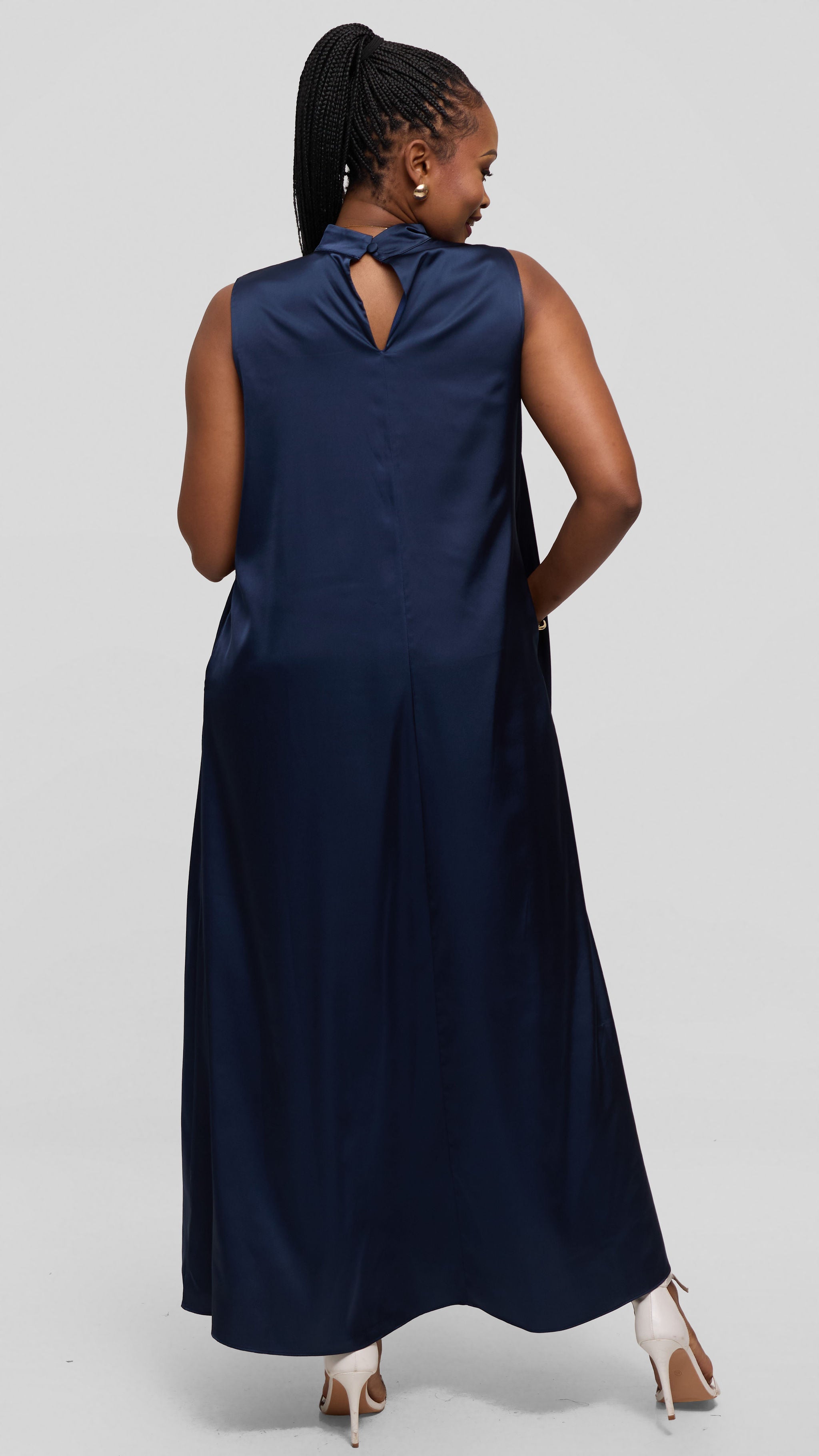 Vivo Thando Mock Neck Maxi Dress in Satin - Navy