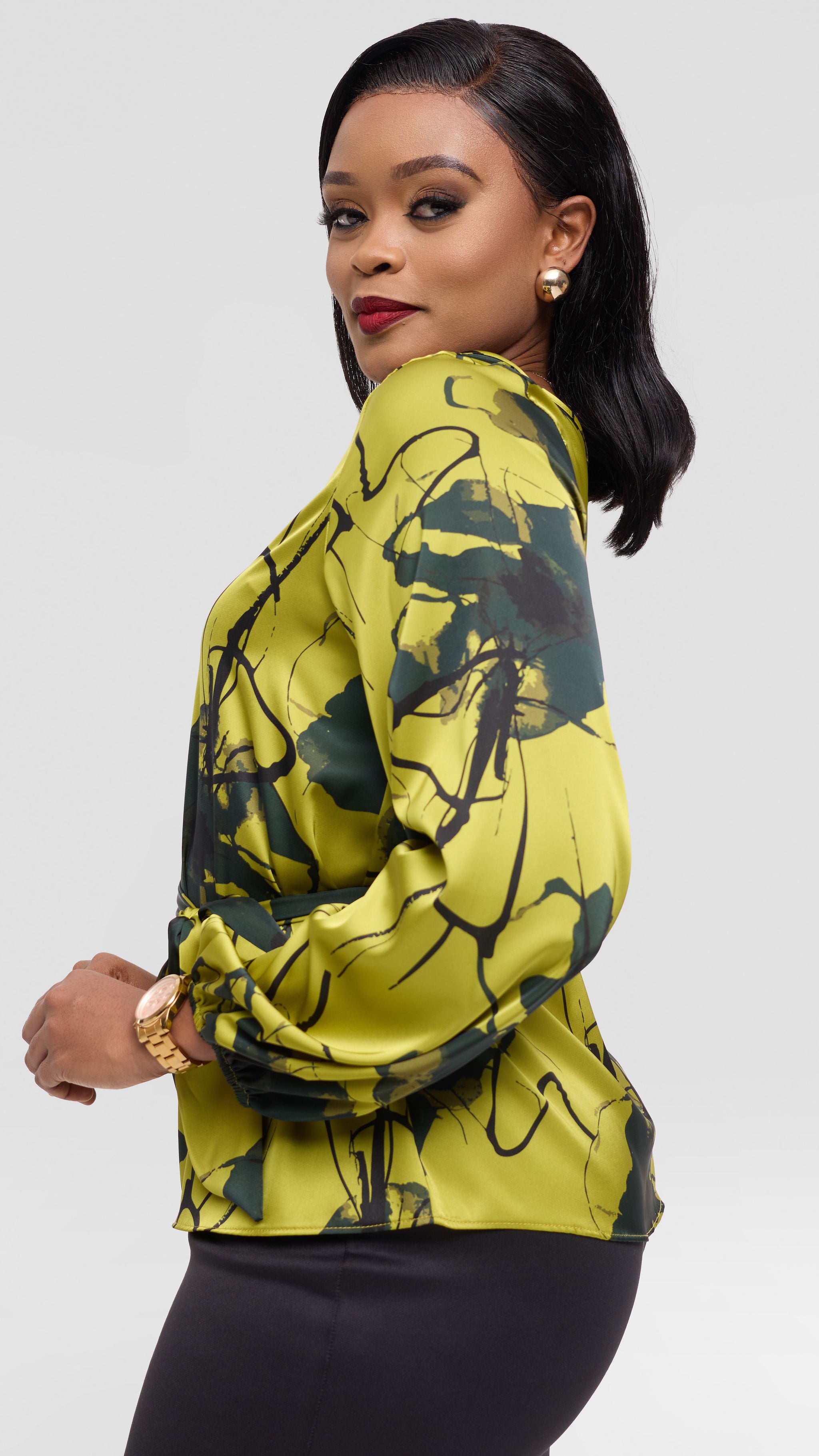 Vivo Basic Satin Bishop Sleeve Top - Olive / Green Print