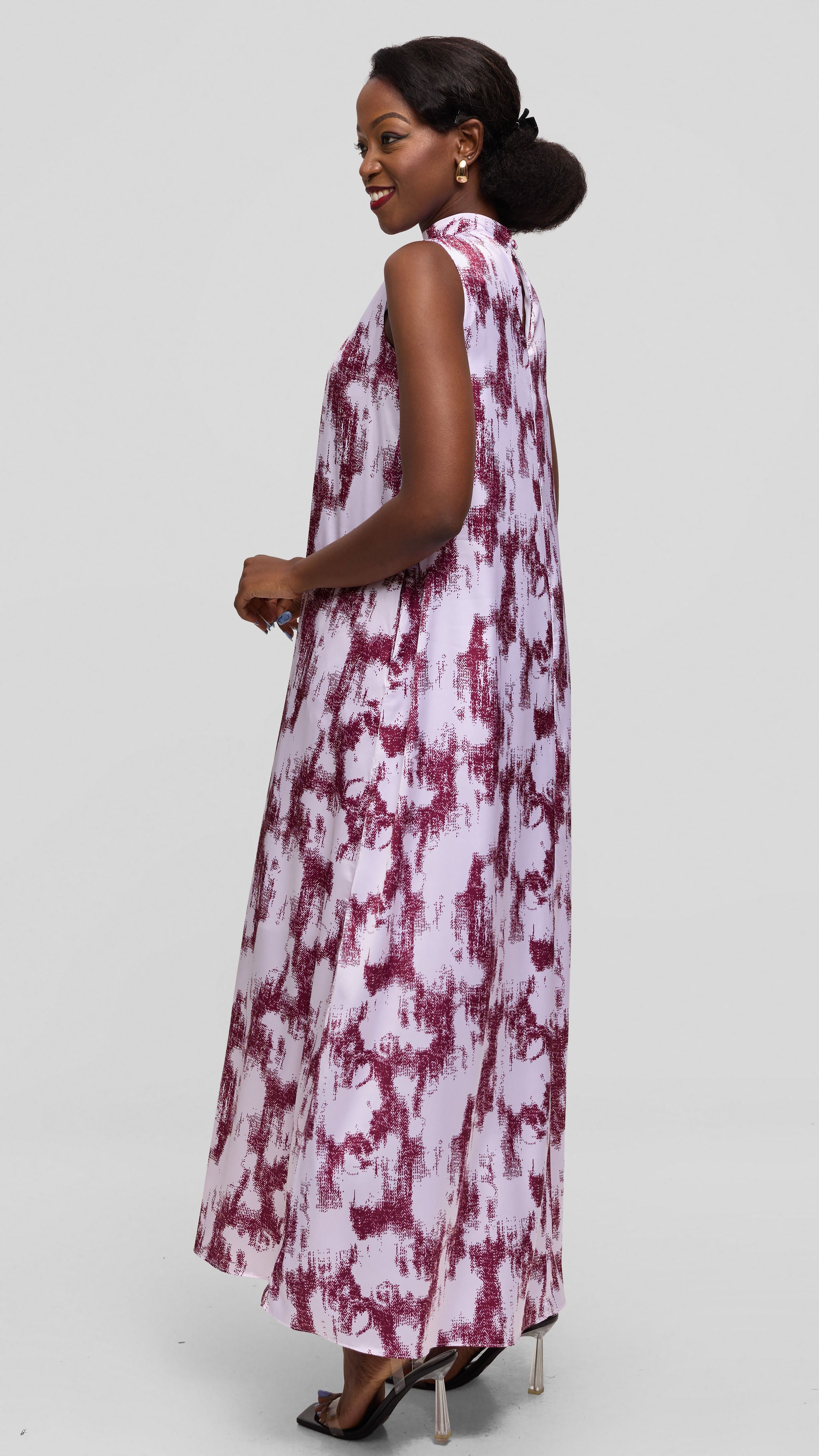 Vivo Thando Mock Neck Maxi Dress in Satin - Maroon / White Abstract Print