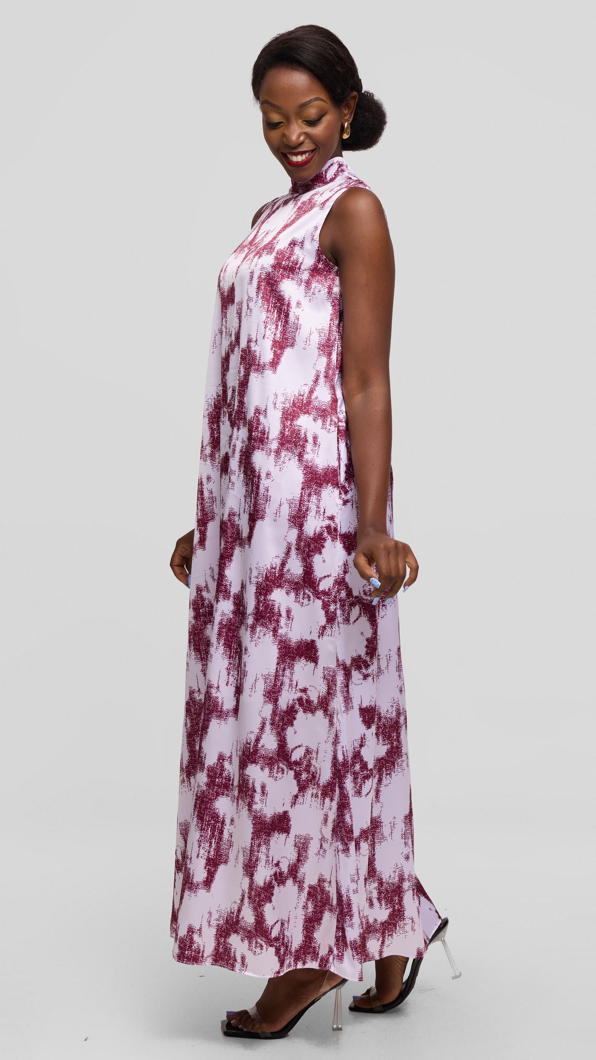 Vivo Thando Mock Neck Maxi Dress in Satin - Maroon / White Abstract Print