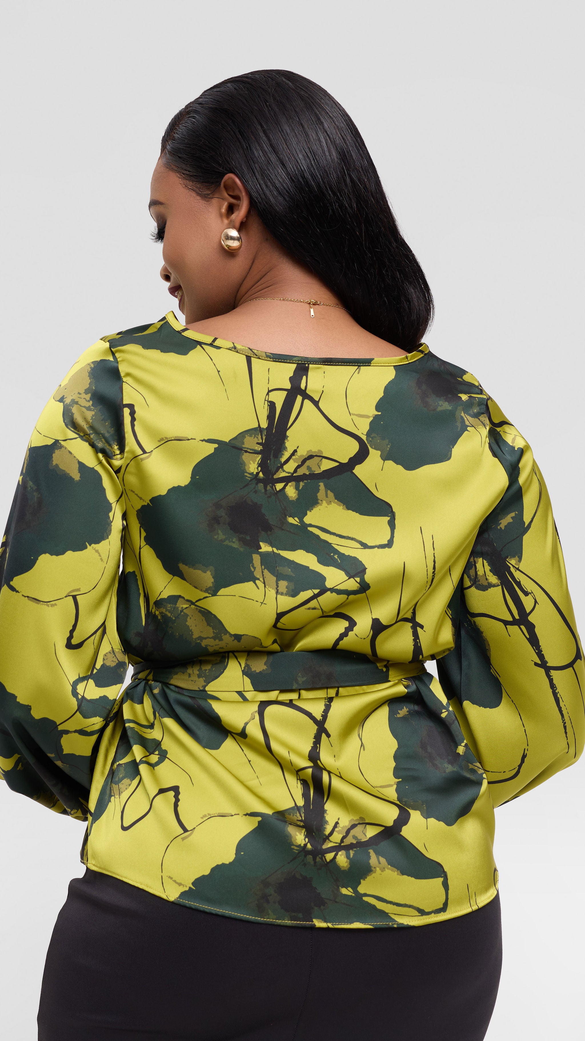 Vivo Basic Satin Bishop Sleeve Top - Olive / Green Print