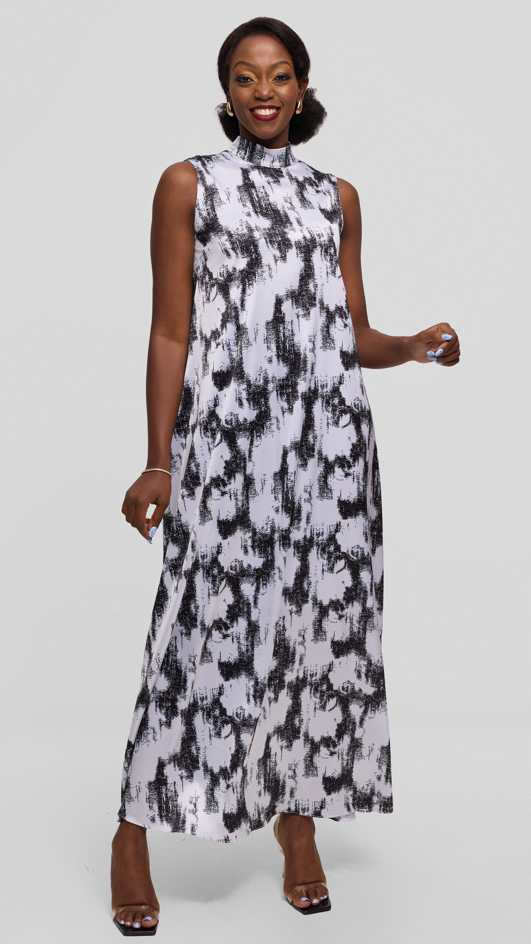 Vivo Thando Mock Neck Maxi Dress in Satin - Black / White Abstract Print