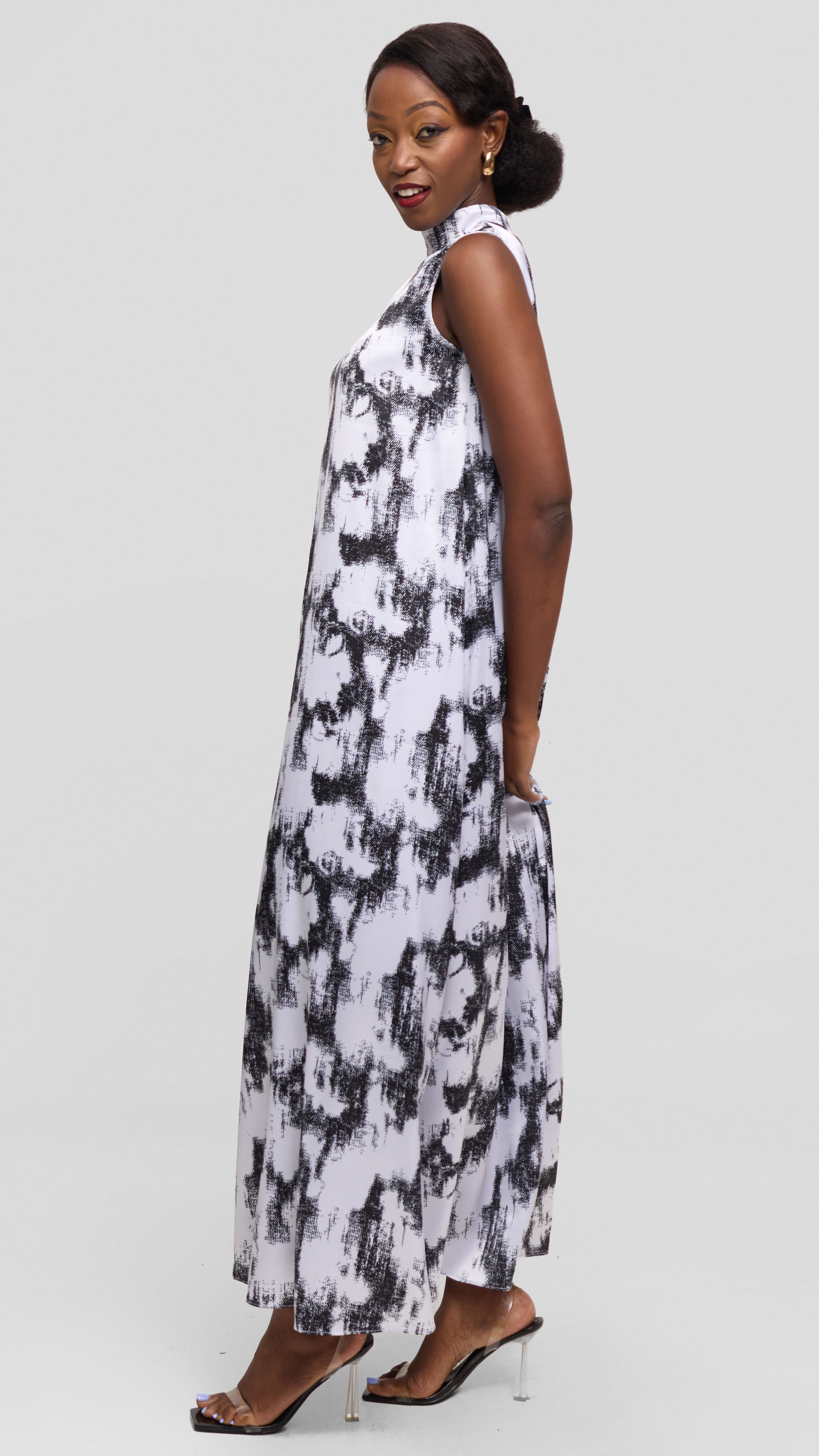 Vivo Thando Mock Neck Maxi Dress in Satin - Black / White Abstract Print