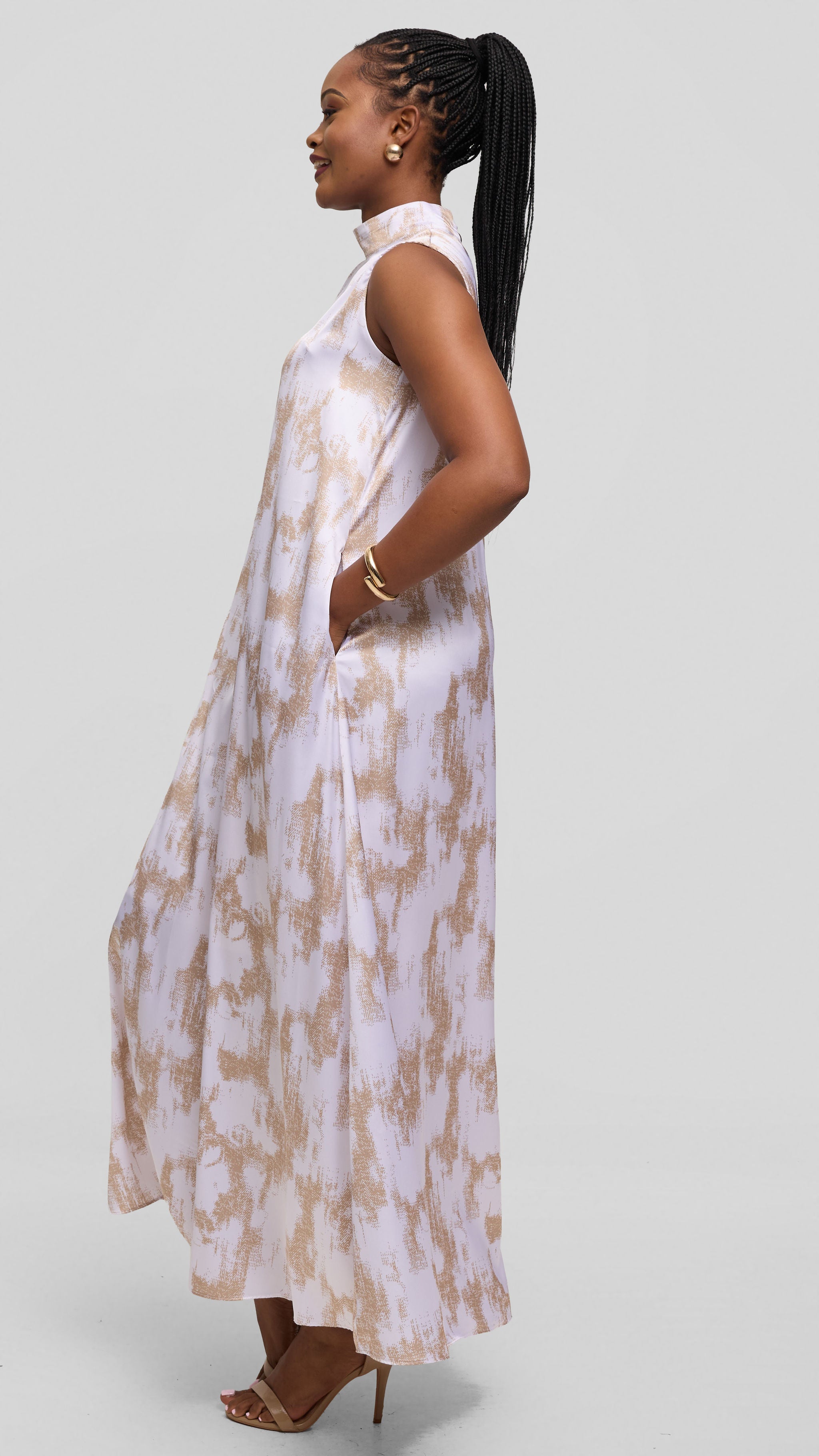 Vivo Thando Mock Neck Maxi Dress in Satin - Taupe / White Abstract Print