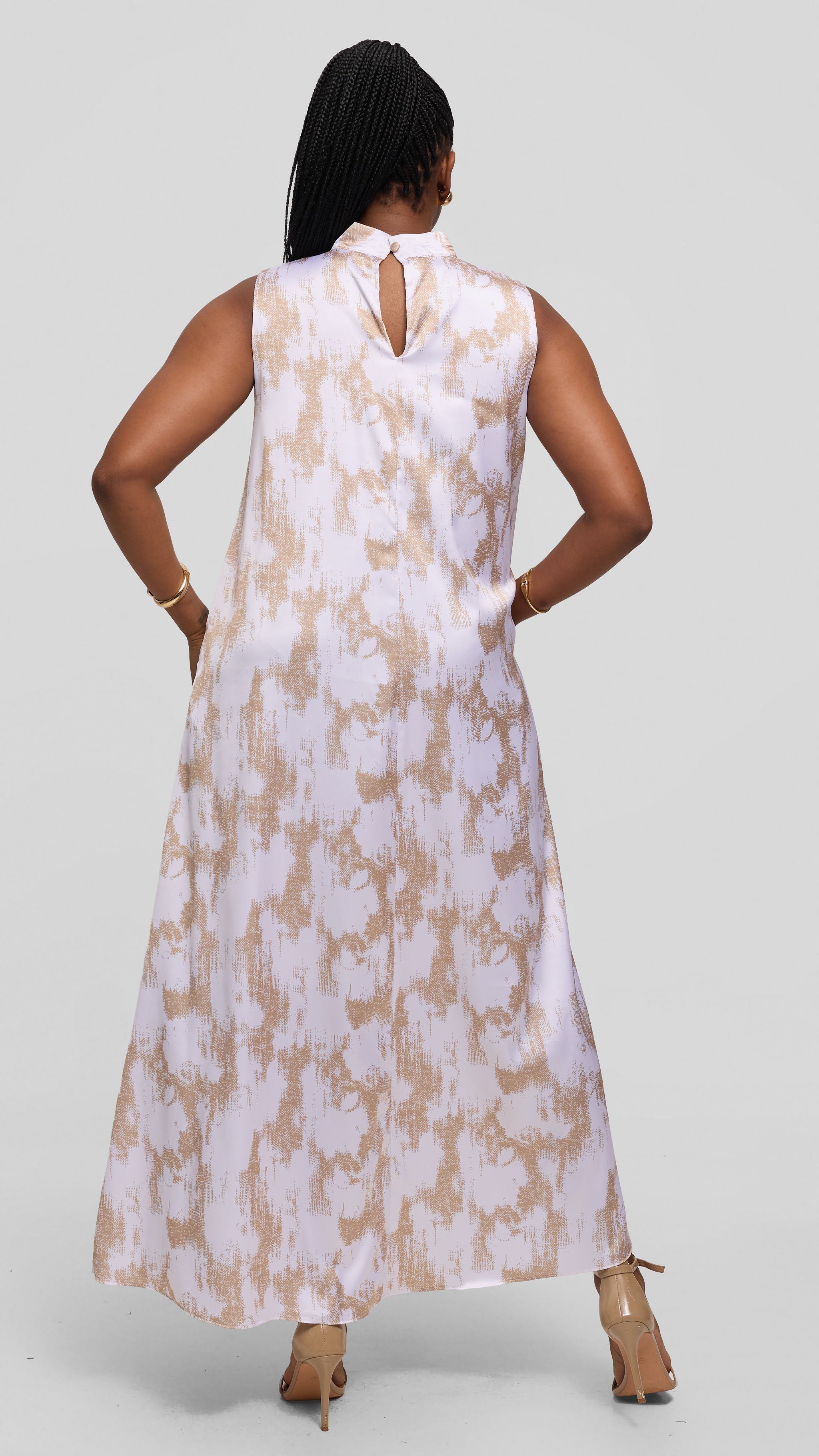 Vivo Thando Mock Neck Maxi Dress in Satin - Taupe / White Abstract Print