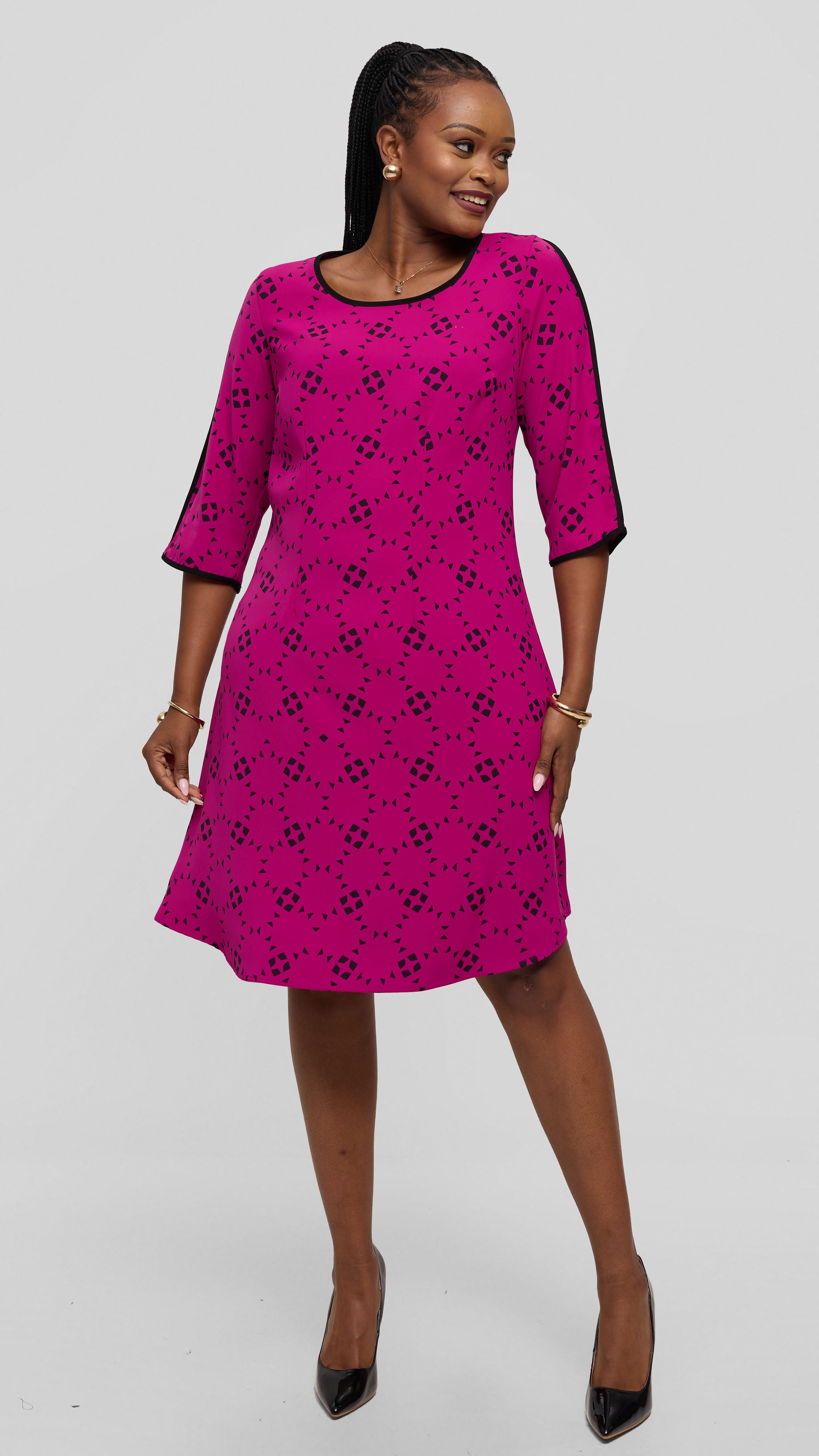 Vivo Pendo 3/4 Sleeve A Line Dress in Crepe - Fuschia / Black Talo Print