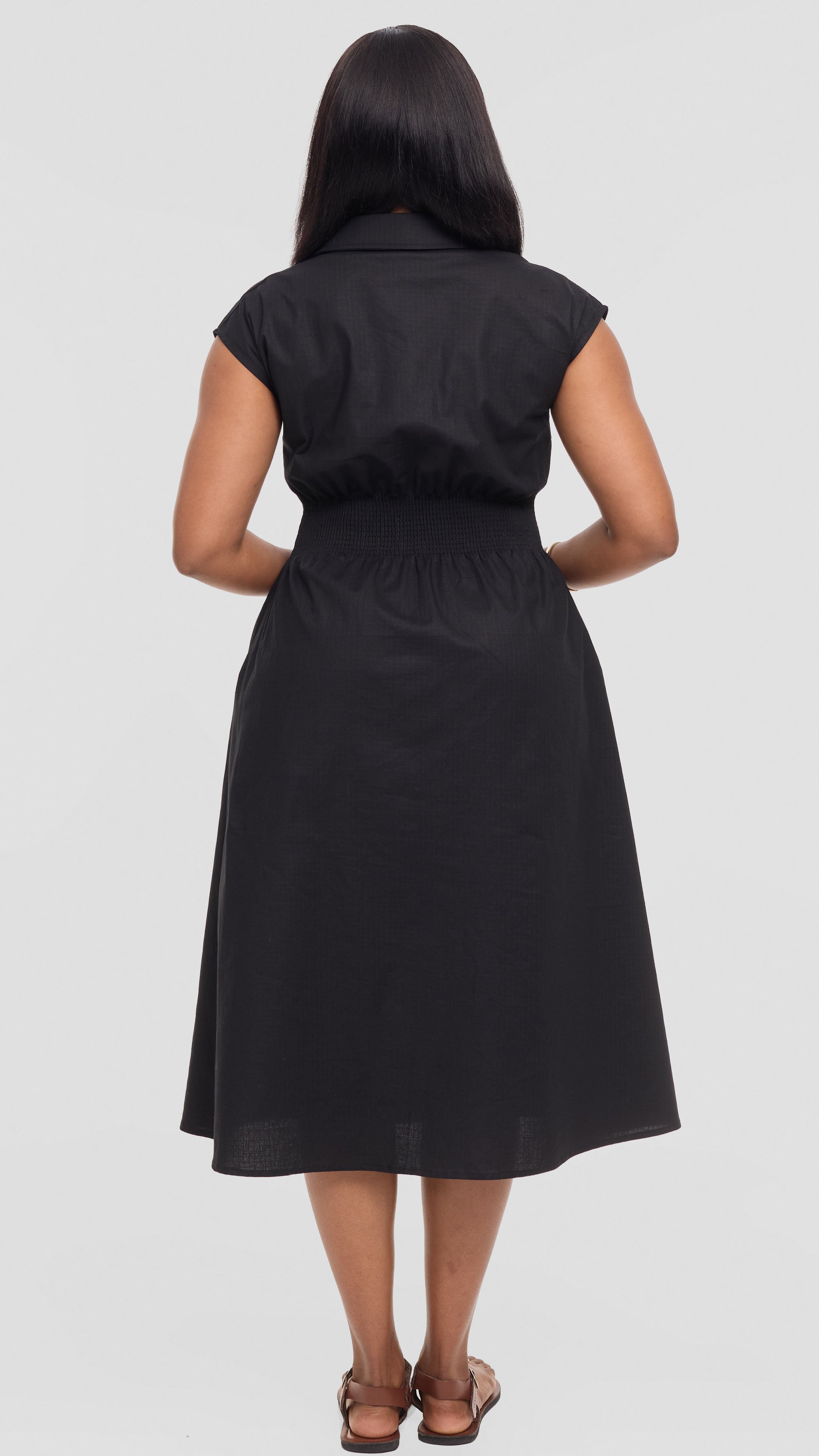 Safari by Vivo Shirred Waist Midi Dress in Cotton - Black
