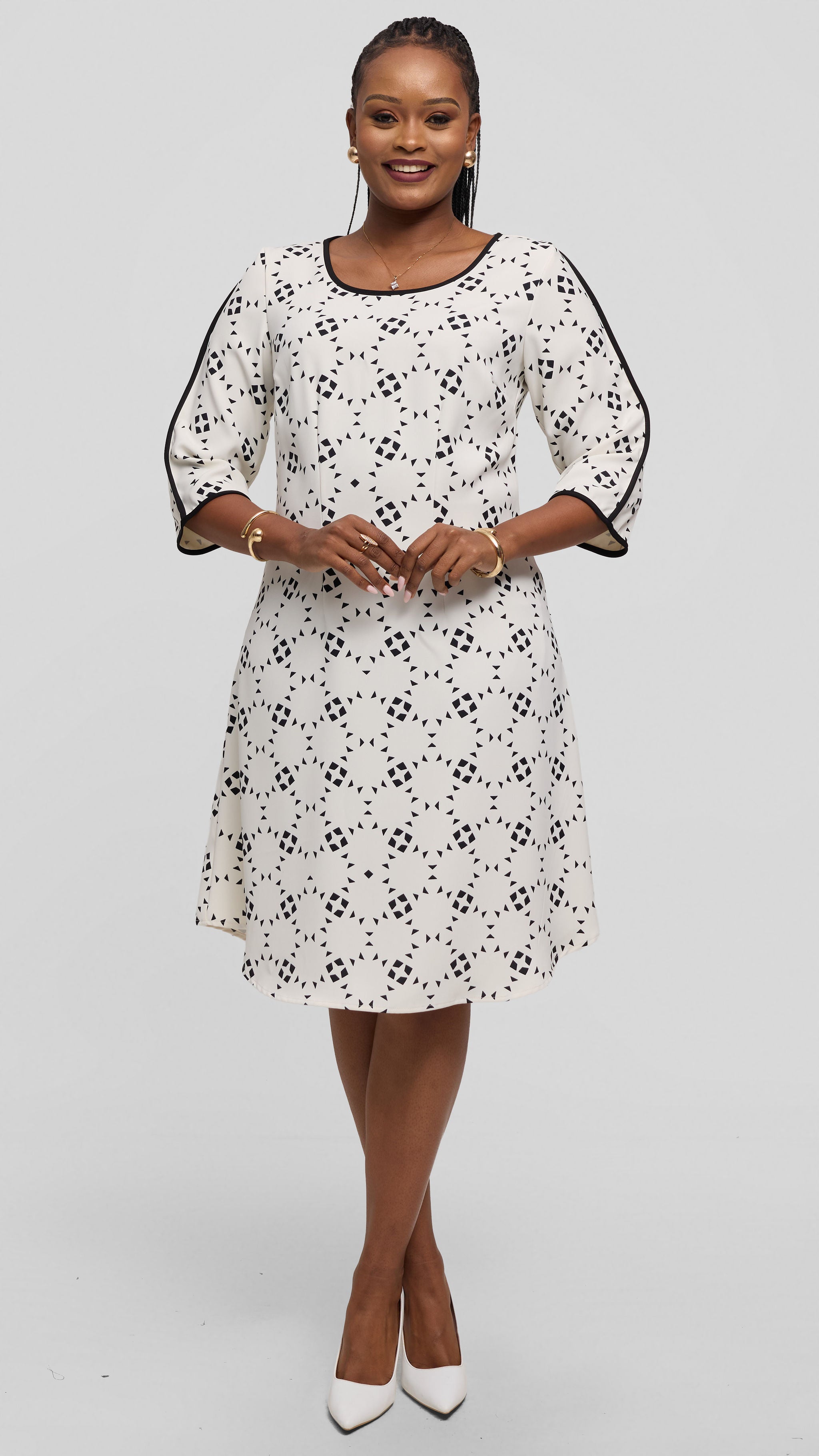 Vivo Pendo 3/4 Sleeve A Line Dress in Crepe - Off White / Black Talo Print