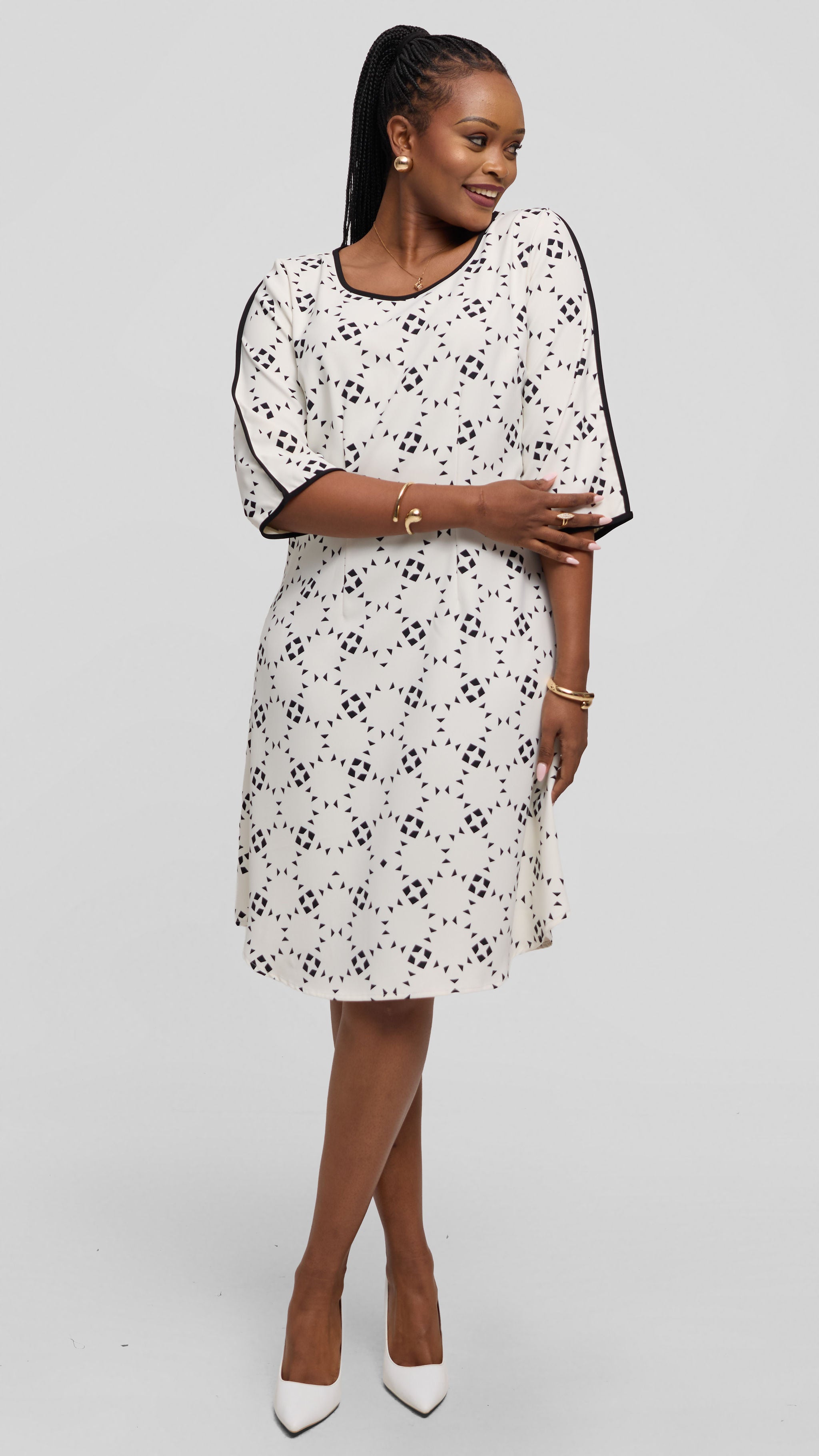 Vivo Pendo 3/4 Sleeve A Line Dress in Crepe - Off White / Black Talo Print